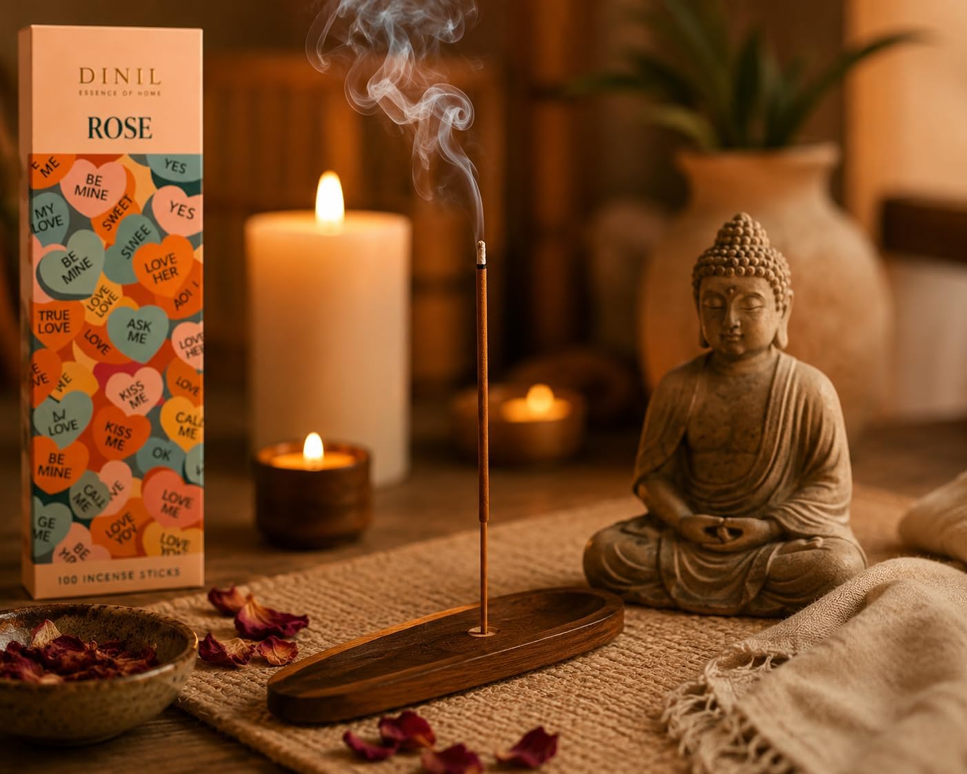 Dinil Rose Incense Sticks -100 Sticks | Hand-Rolled, Charcoal-Free | Low Smoke, Long-Lasting Clean Burn | Rose Scented | Ideal for Meditation, Yoga, Relaxation & Aromatherapy