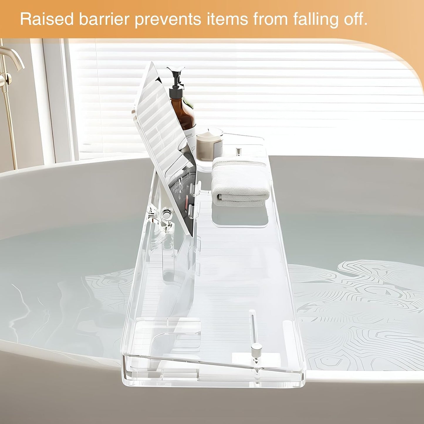 Bathtub Tray, Acrylic Bath Caddy with Adjustable Lock - Sweet Gift for Birthdays, Weddings, Anniversaies, and Housewarmings, Clear