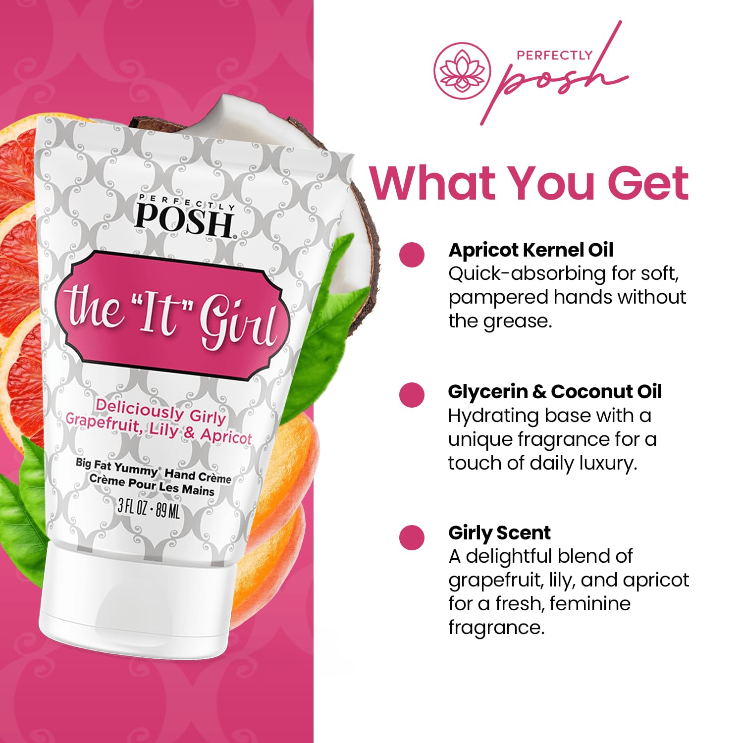 Perfectly Posh - It Girl Big Fat Yummy Hand Crème - Non-Greasy Hand Cream with Apricot Kernel Oil, Coconut Oil and Floral Citrus Scent - 89ml