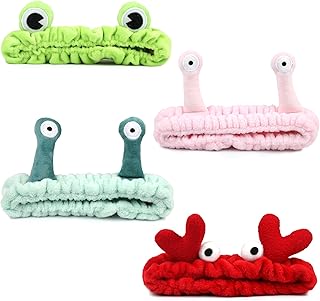 4 Pack Face Wash Headband Facial Makeup Skincare Headbands, Elastic Coral Fleece Spa Hairband for Washing Face, Cartoon Fun Frog Snail Crab Hair Accessories