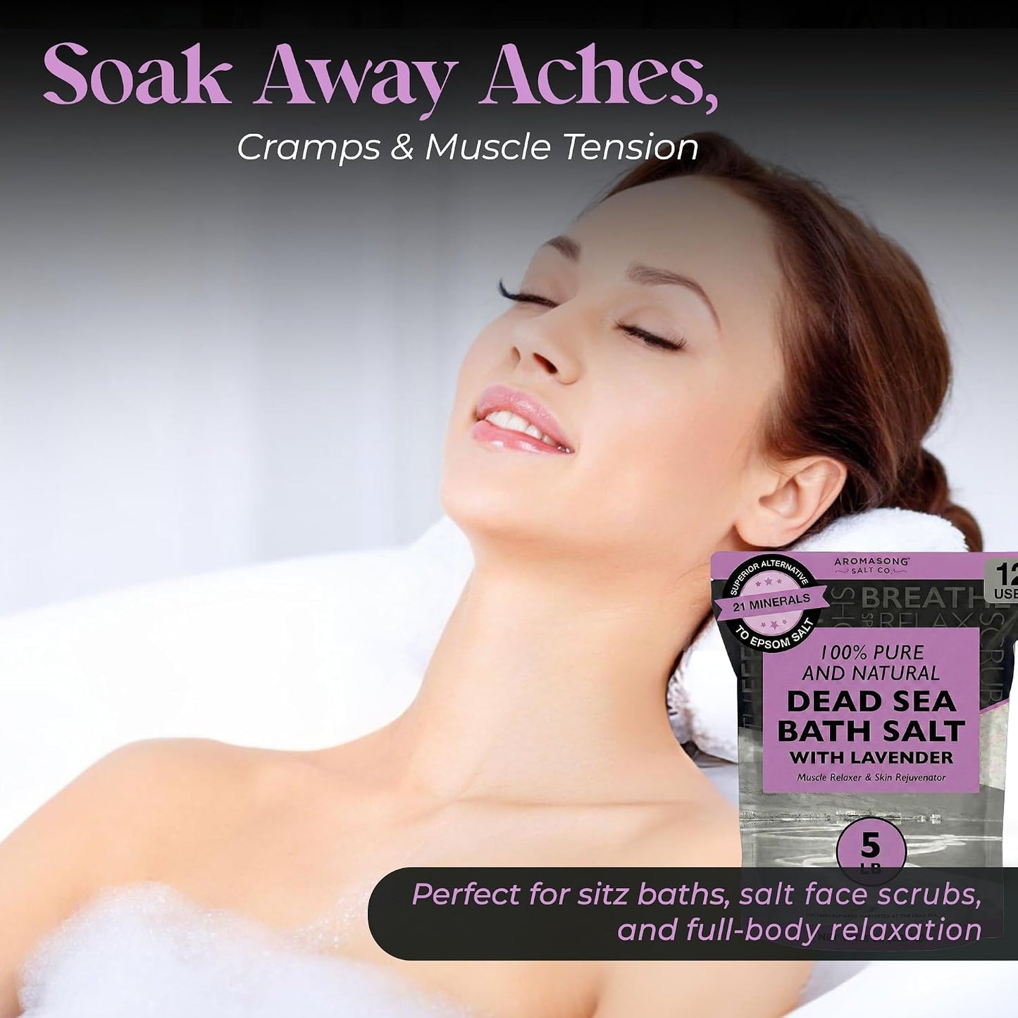 Aromasong Pure Dead Sea Salt for Soaking with 100% Natural Lavender, 5 LB - Spa Bath Salt Fine Grain - Body Wash Scrub - Soak for Women & Men- Bulk Resealable Pack (Packaging May Vary)