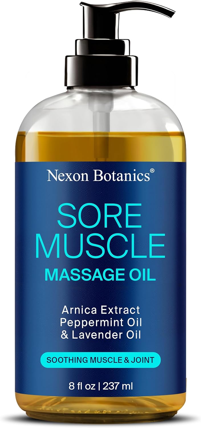 Sore Muscle Massage Oil for Massage Therapy 8 fl oz - Refreshing and Relaxing - Natural Oils with Arnica, Peppermint and Lavender Oil - for Men and Women - Nexon Botanics