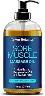 Sore Muscle Massage Oil for Massage Therapy 8 fl oz - Refreshing and Relaxing - Natural Oils with Arnica, Peppermint and Lavender Oil - for Men and Women - Nexon Botanics