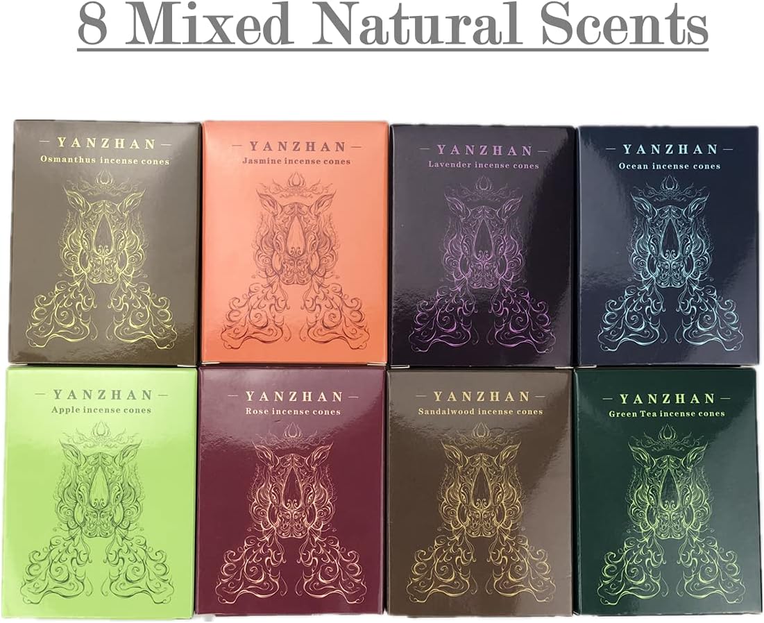 80 Pcs Backflow Incense Cones 8 Mixed Natural Scents Sandalwood Rose Green Tea Lavender Osmanthus Jasmine Ocean Apple (Incense Cones)