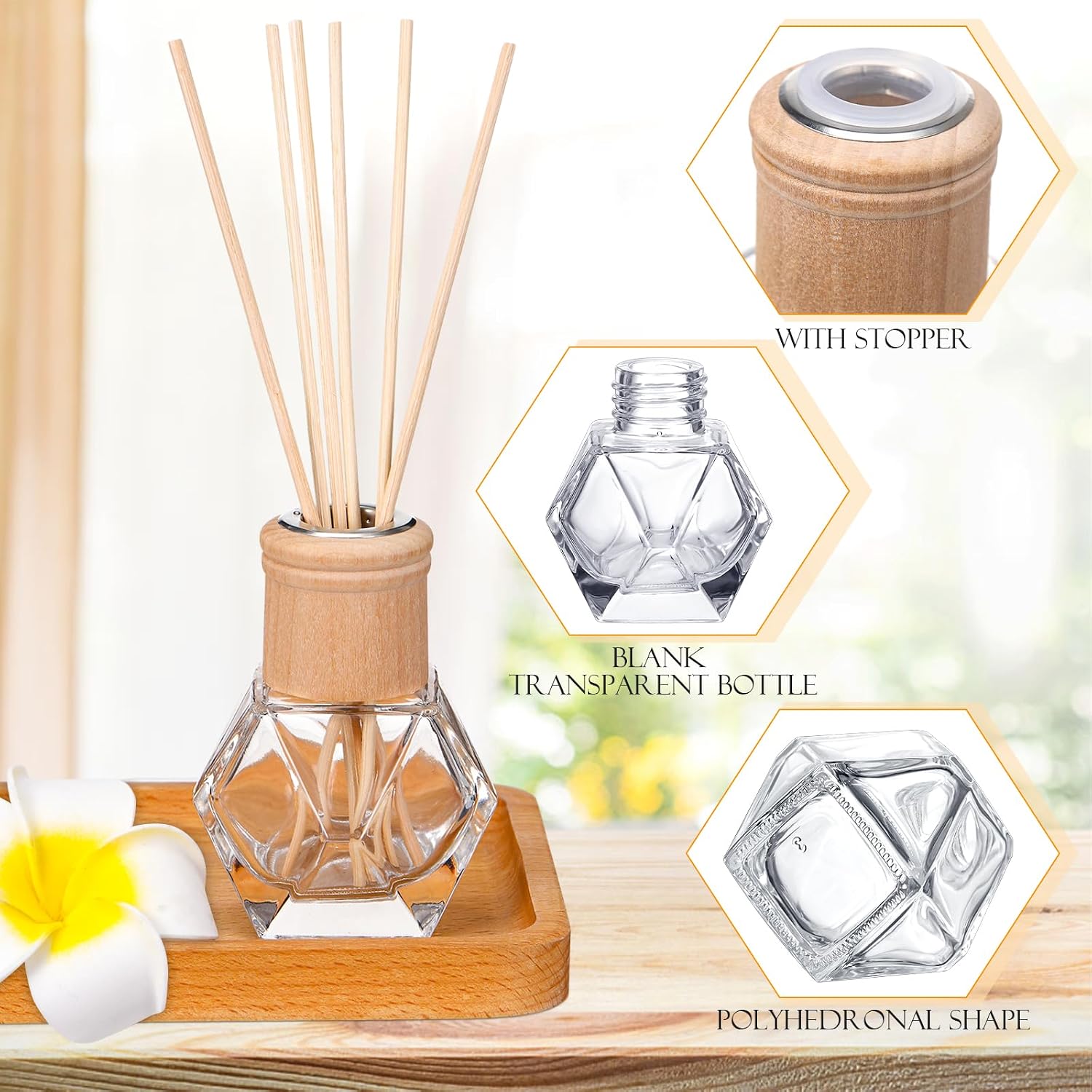 Roshtia 10 Set Reed Diffuser Bottle Empty Refillable Fragrance Glass Diffuser Bottles Set with Wooden Caps Rattan Sticks 50ml 1.7 oz Irregular Glass Jars for DIY Fragrance