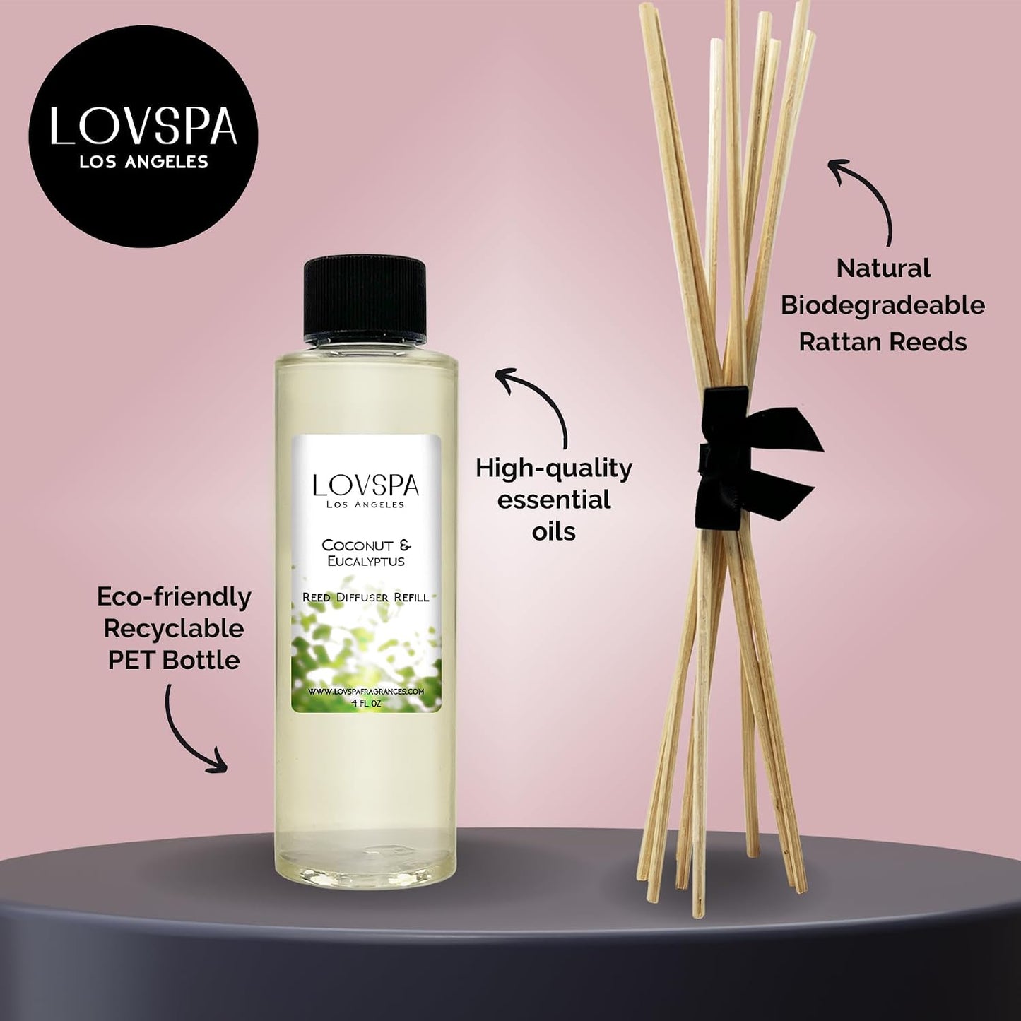 Coconut & Eucalyptus Diffuser Oil Refill, 4 oz, Fragrance, Spa Aroma | Coconut, eucalyptus, and mint profile, includes replacement reeds, guest bathroom, powder room, home scent, entryway
