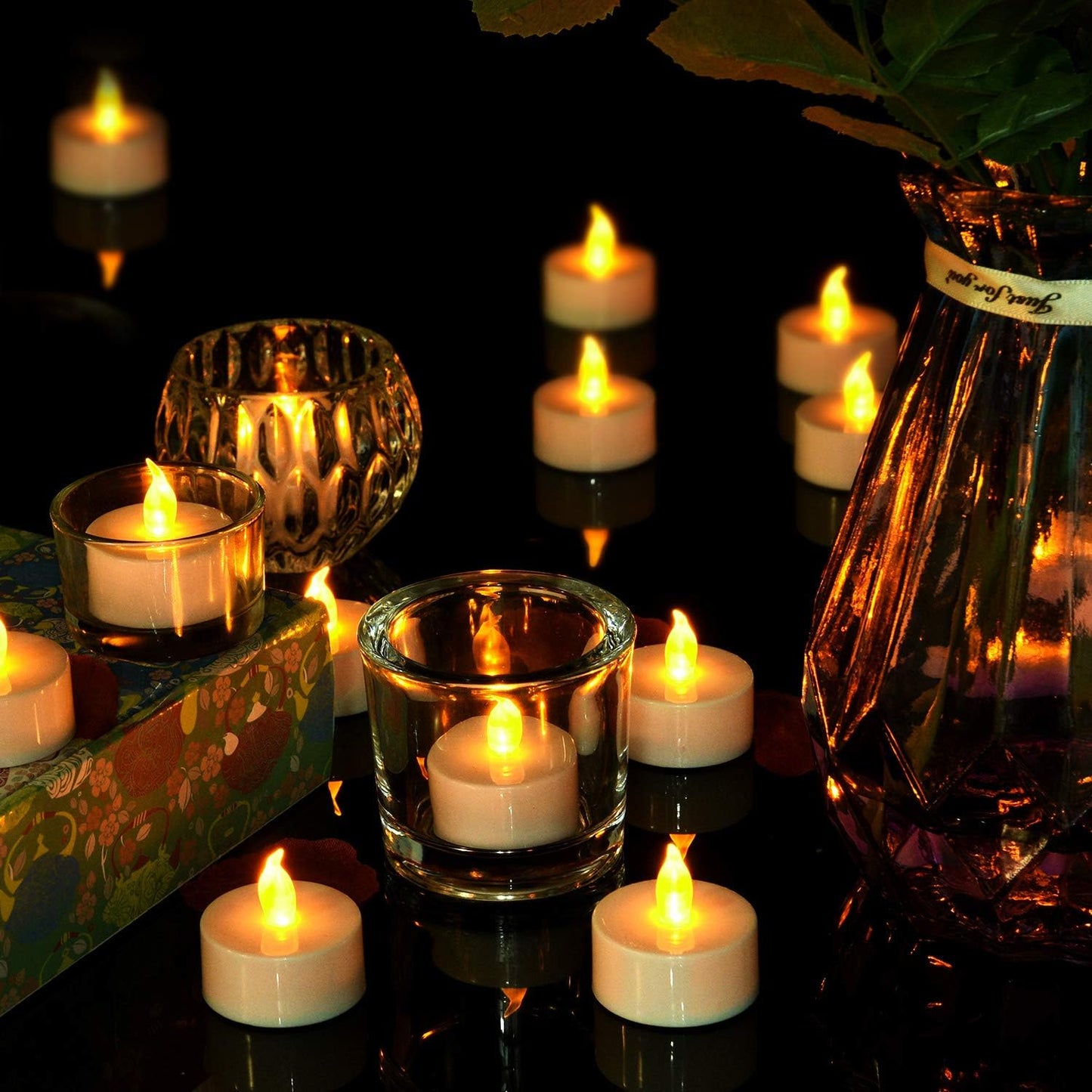 Lasts 2X Longer Flameless Tealight Candles [50 Pack, Batteries Included], Realistic Tea Lights Candles, Flickering Bright Tealights, Battery Operated Unscented Candles