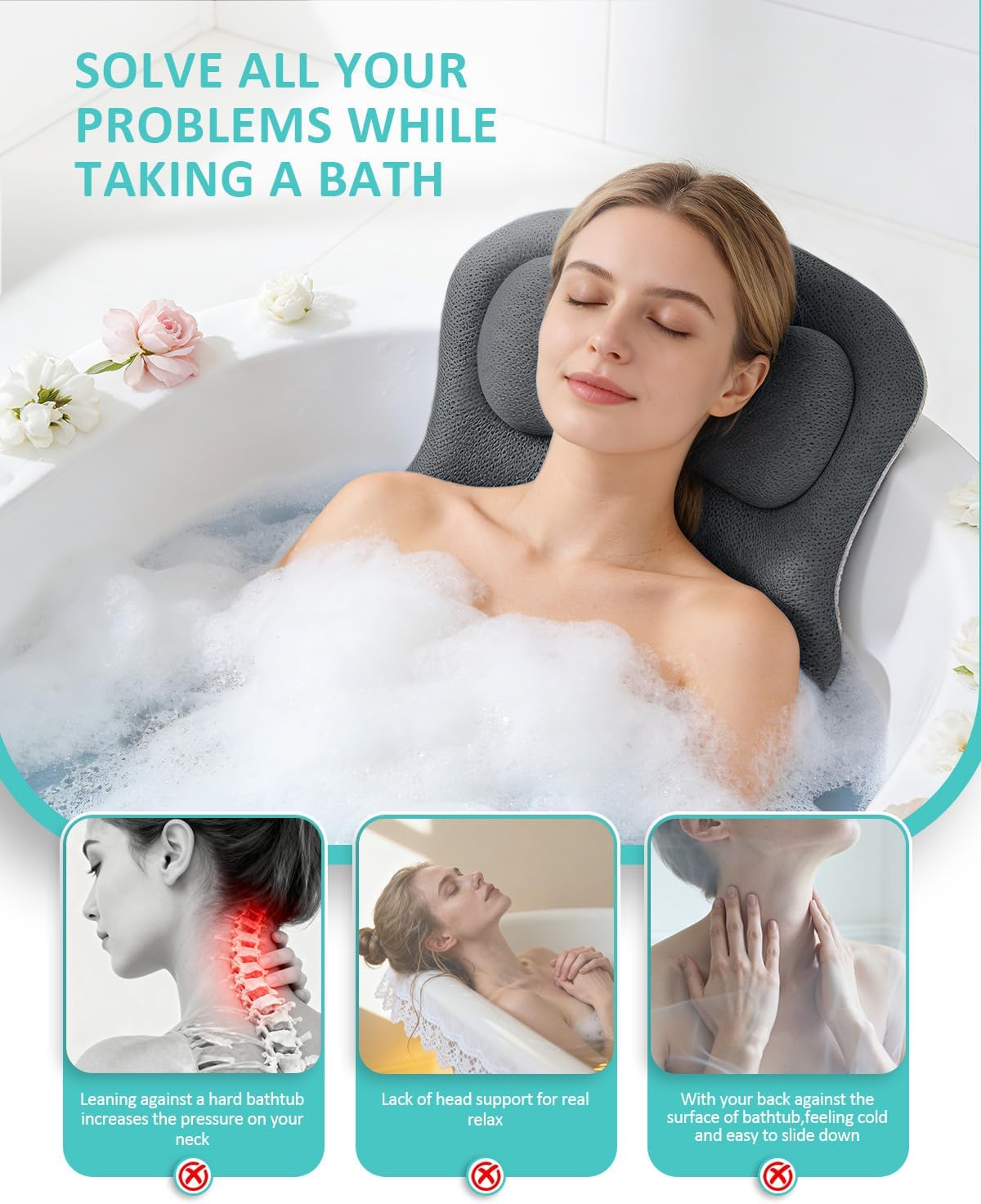 Full Body Bath Pillow for Bathtub, 5D Thick Tub Pillow for Bathtub with 192 Non-Slip Suction Cups, Laundry Bag & Hook, Bathtub Pillow for Head, Neck & Back Support (Gray, 51"*15")