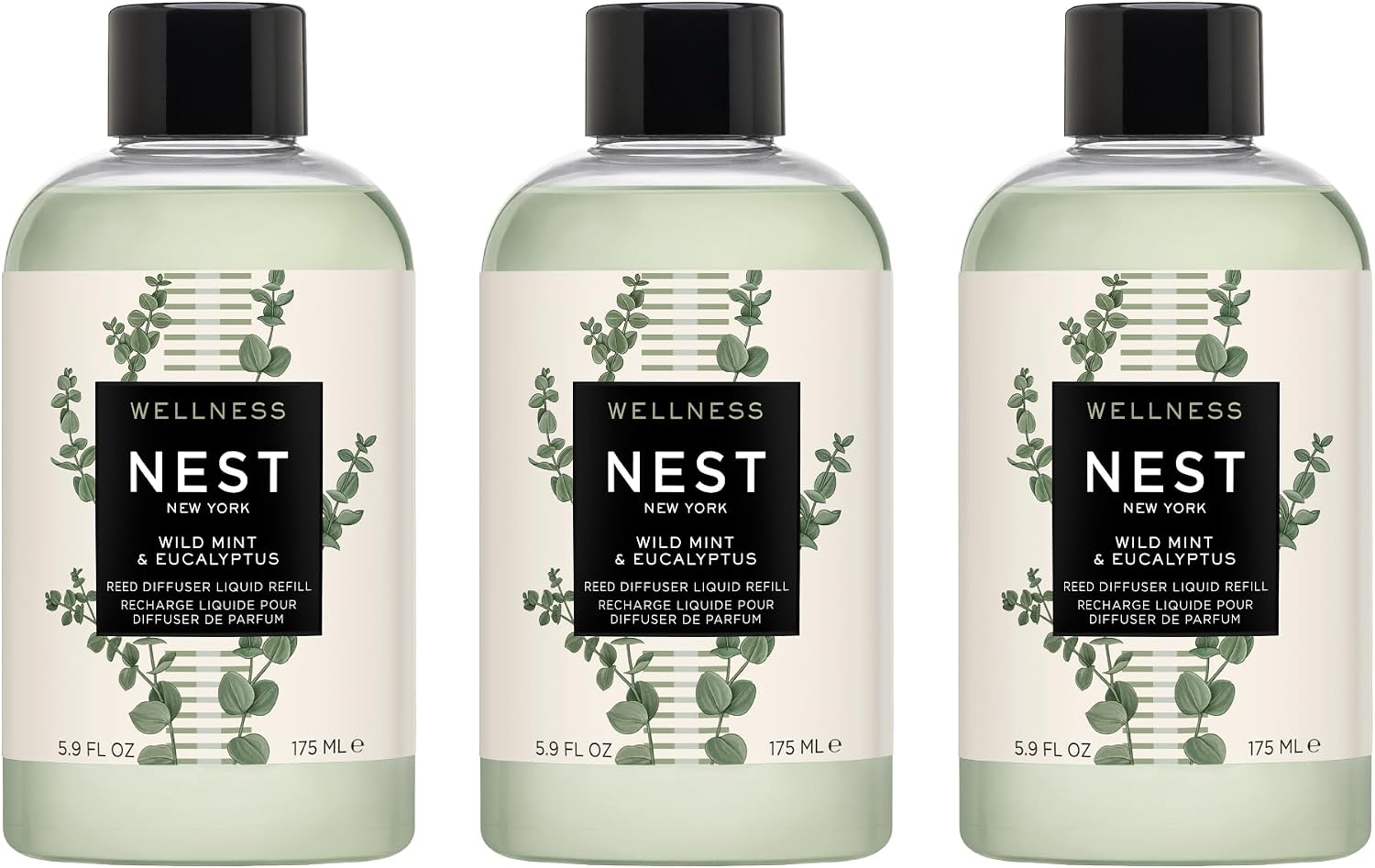 NEST New York Reed Diffuser Liquid Refill Bundle, Wild Mint & Eucalyptus - Includes Three 5.9 fl oz Refill Bottles