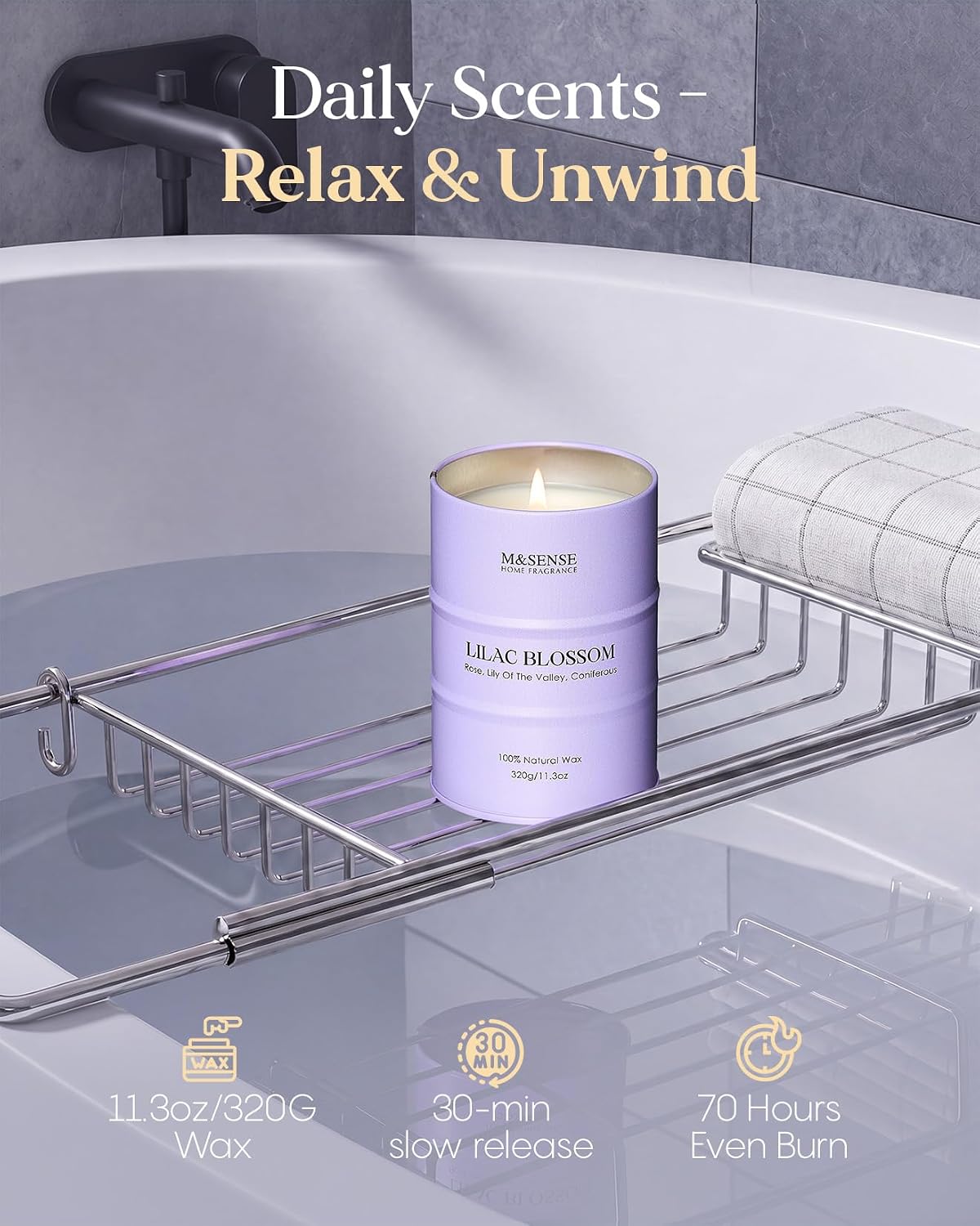 M&SENSE Lilac Blossom Soy Candles for Home Scented, 11.3oz 70 Hour Long Burning Aromatherapy Candle for Stress Relief Meditation Yoga Relaxing SPA, Housewarming Gifts for Women