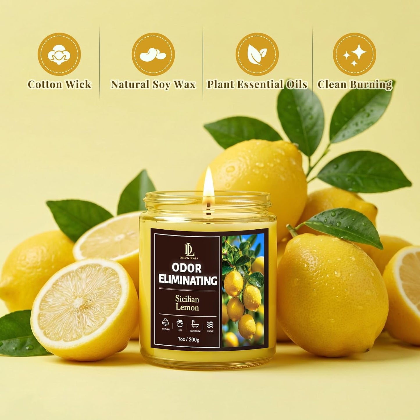 Sicilian Lemon Odor Eliminating Highly Fragranced Candle, Eliminates 95% of Kitchen Grease & Pet Odors Quickly, Air Freshing Scented Candles, Soy Candle Gifts for Women Men, 7oz