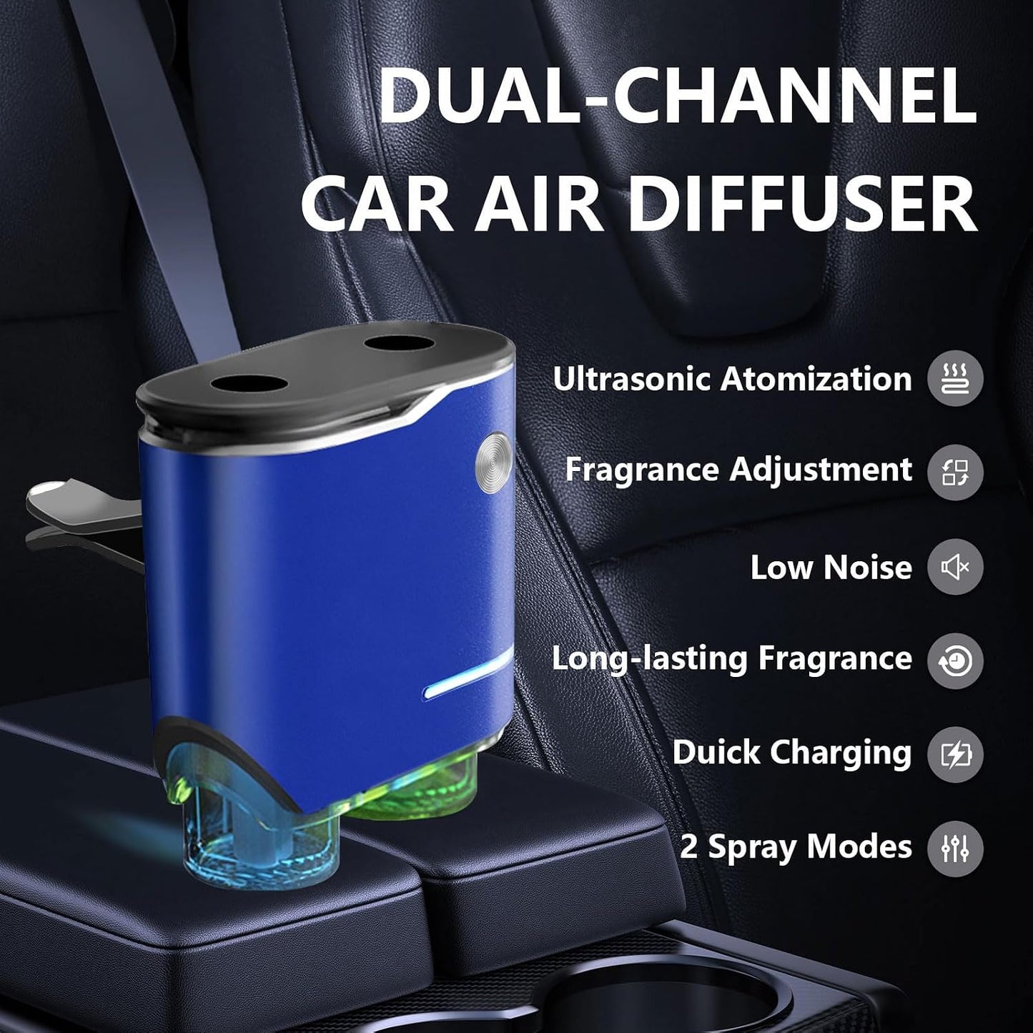 Smart Car Air Fresheners Diffuser with 4pcs Essential Oils, Automotive Scent Dispenser Rechargeable Aromatherapy Diffuser Vent Clip for Cars, 3 Adjustable Modes (Blue)