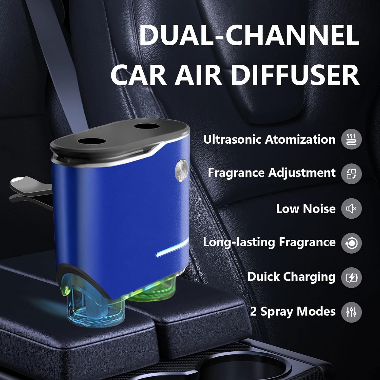 Smart Car Air Fresheners Diffuser with 4pcs Essential Oils, Automotive Scent Dispenser Rechargeable Aromatherapy Diffuser Vent Clip for Cars, 3 Adjustable Modes (Blue)