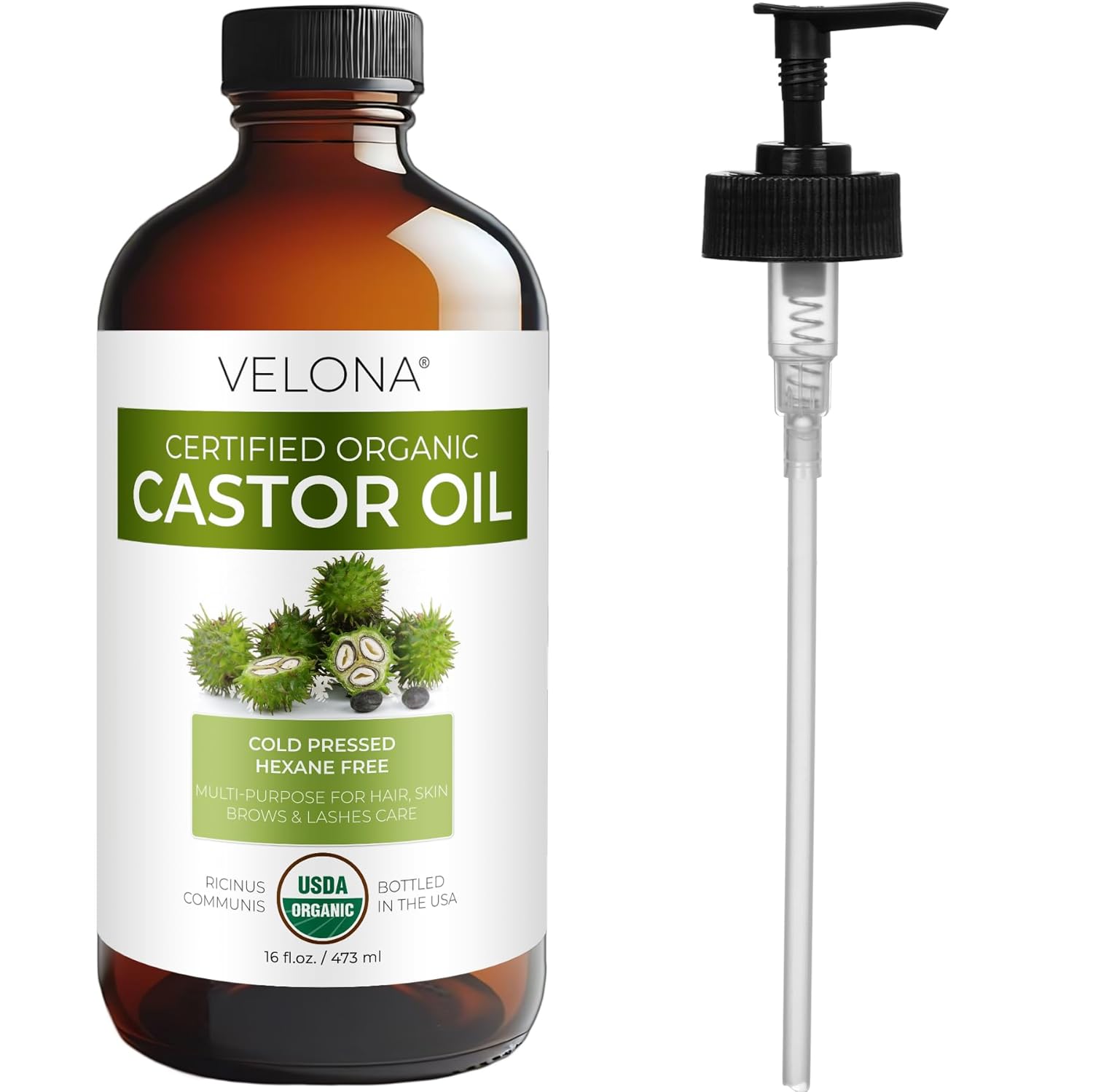 velona USDA Certified Organic Castor Oil – 16 fl oz in Glass Bottle | Cold-Pressed, Hexane-Free, USP Grade | Eyelash & Eyebrow | Bottled in USA
