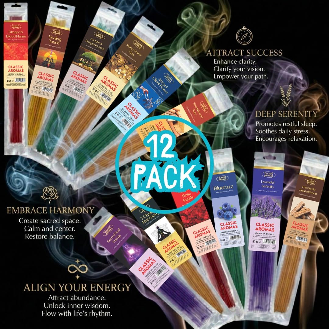 The Strongest Hand Dipped Incense Sticks, 144 Count,12 Scents Variety Pack, 11" Long | Home Fragrance | Long Lasting Aromatherapy Sticks | Lavender | Dragon's Blood | Sandalwood (12 Pack-144 Count)