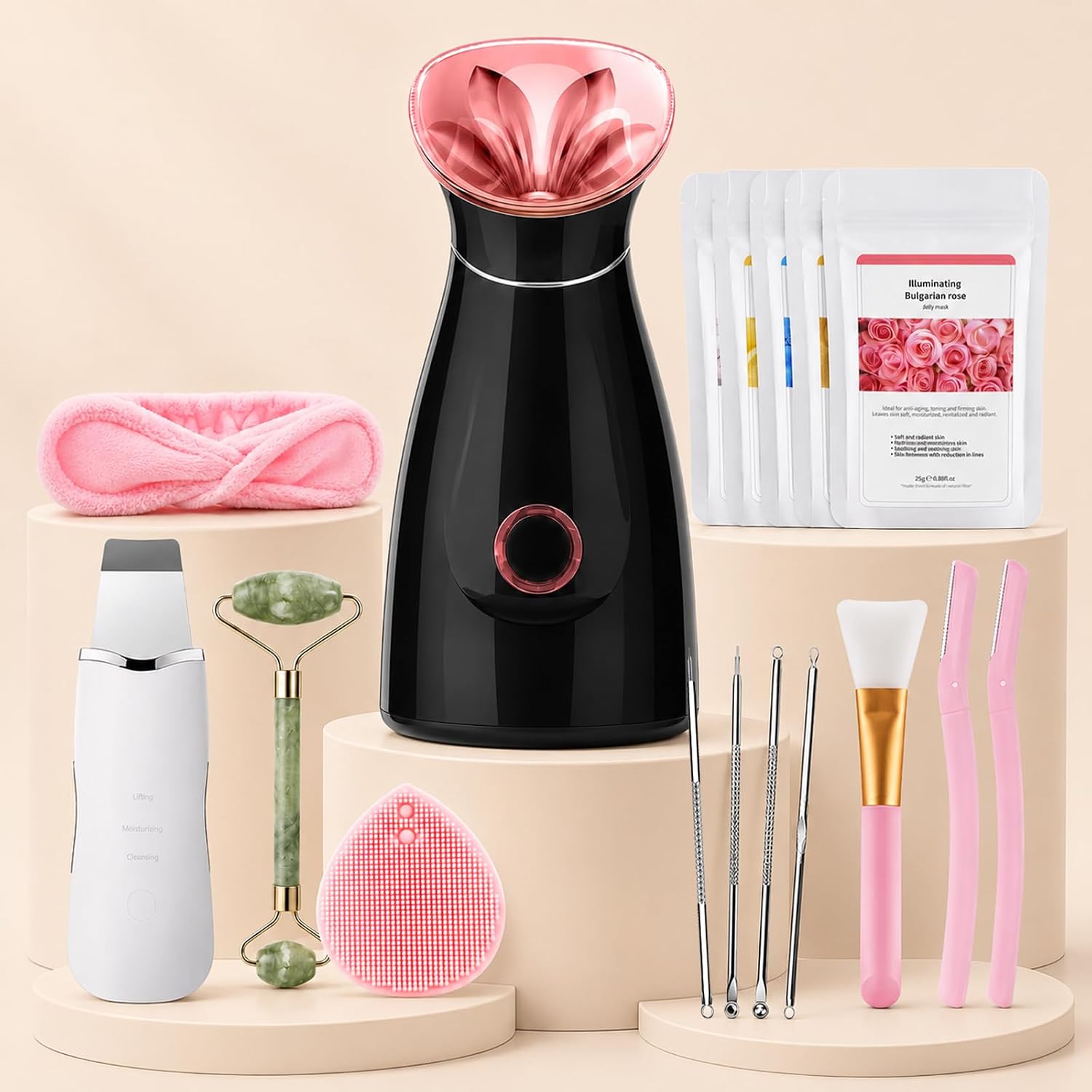 Facial Steamer Deep Cleaning Kit: Nano Ionic Face Steamer with 8 Skin Care Tools Home Spa Clean Refresh Repair for Unclogging Pores & Sinuses - Self Care Gifts for Women (Black Rose Gold)