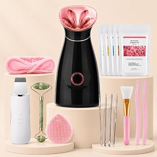Facial Steamer Deep Cleaning Kit: Nano Ionic Face Steamer with 8 Skin Care Tools Home Spa Clean Refresh Repair for Unclogging Pores & Sinuses - Self Care Gifts for Women (Black Rose Gold)