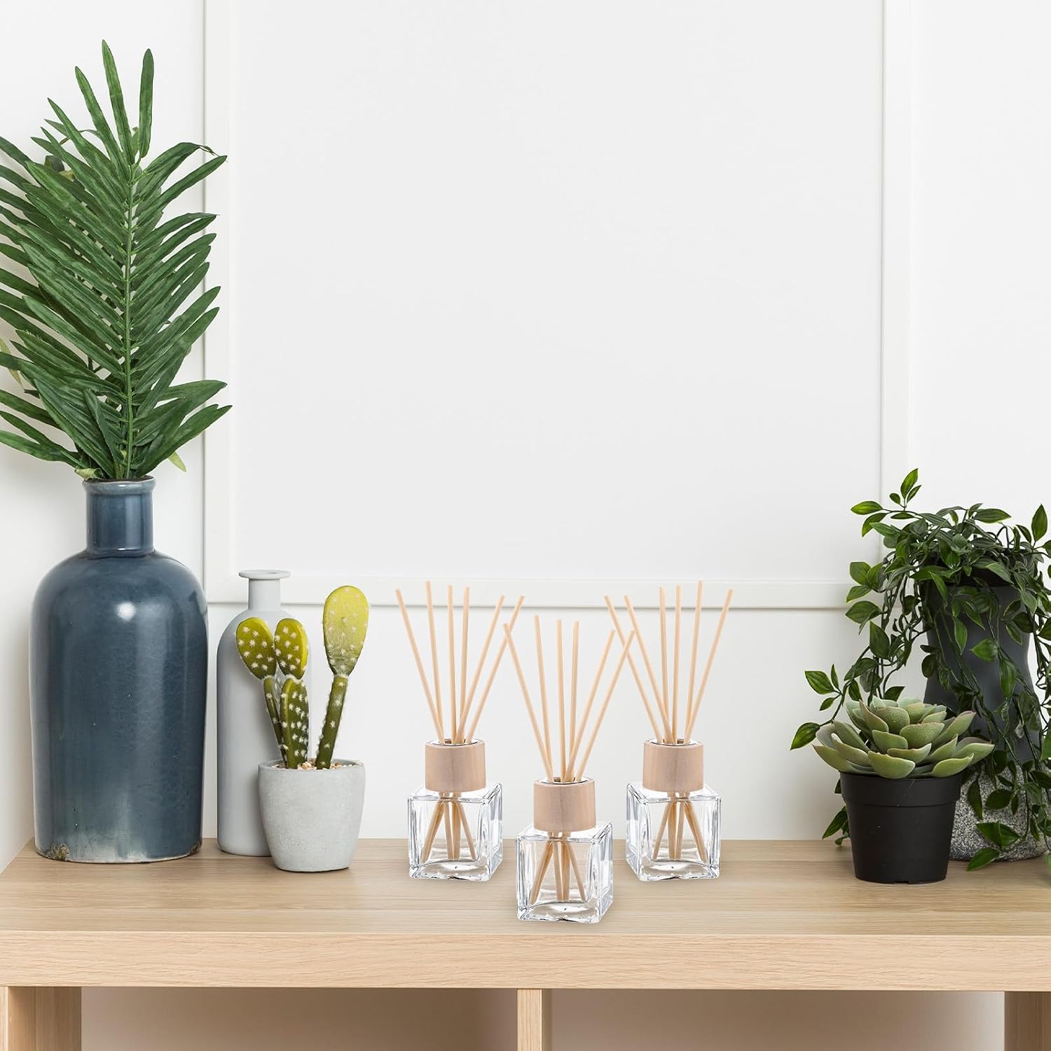 12 Set Reed Diffuser Bottle Empty Fragrance Glass Diffuser Bottles Refillable Diffuser Bottles Set with Wooden Caps Rattan Sticks 50ml 1.7 Oz Glass Jars for Home