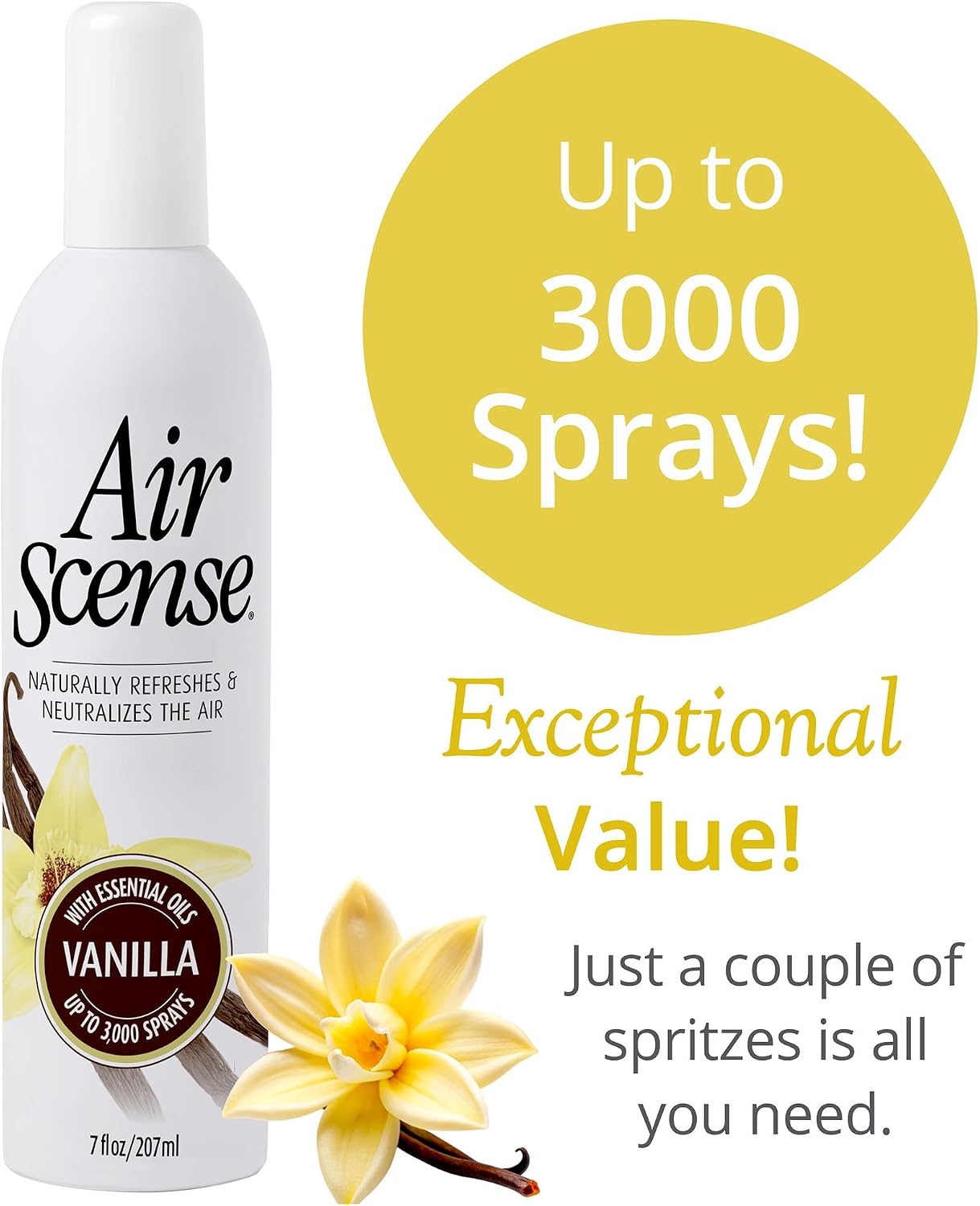 Air Scense Air Freshener Deodorizer Room Spray for Bathroom & Home, Essential Oils, Natural - 7 fl oz (1-Pack) (Vanilla)