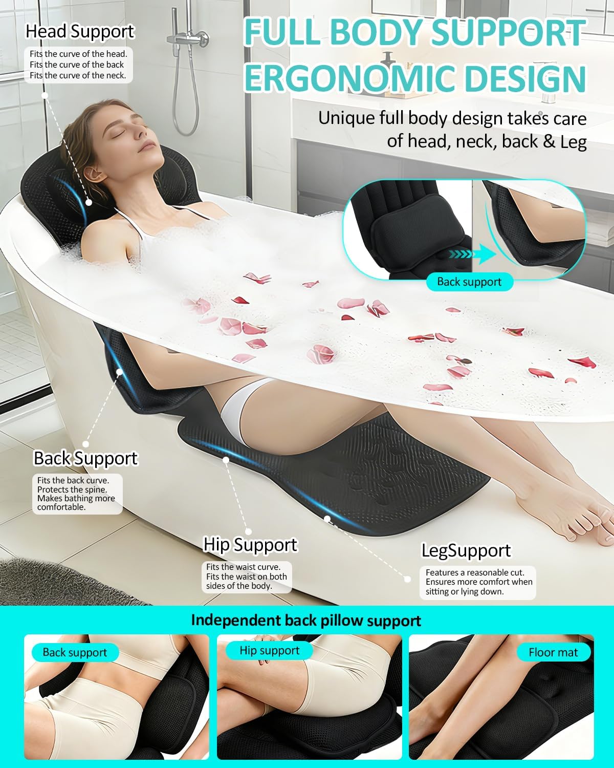 Full Body Bath Pillow for Bathtub, 5D Thick Tub Pillow for Bathtub with Movable Head, Neck & Lumbar Support, Laundry Bag & Hook, Bathtub Pillow for Post-Yoga Spa, Deep Relaxation(Black, 51"*15")