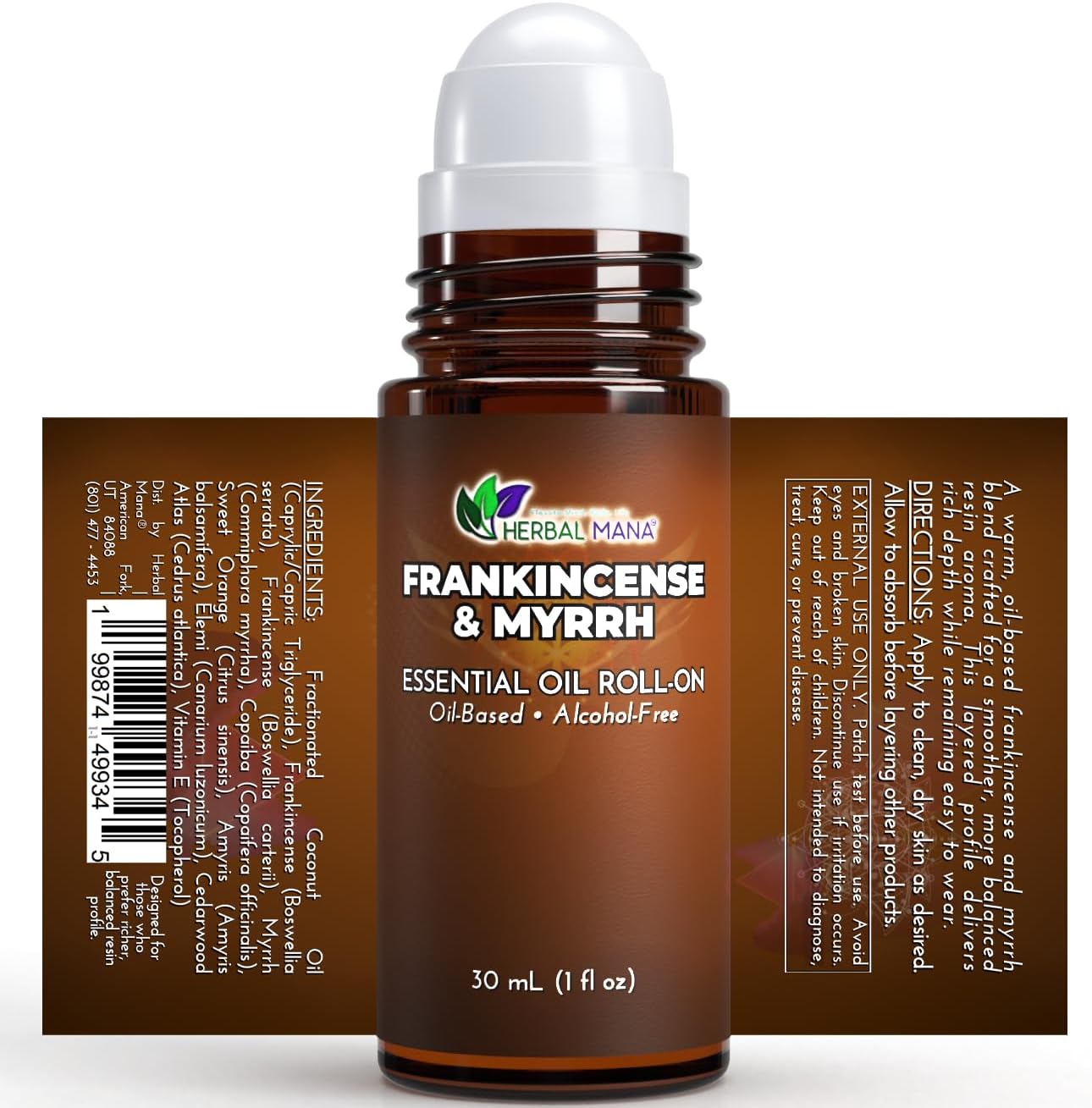 Frankincense & Myrrh Essential Oil Roll-On, 30 mL (1 fl oz) – Pre-Diluted Aromatherapy Rollerball in Fractionated Coconut Oil (FCO) – Alcohol-Free Pulse Point Oil Roller