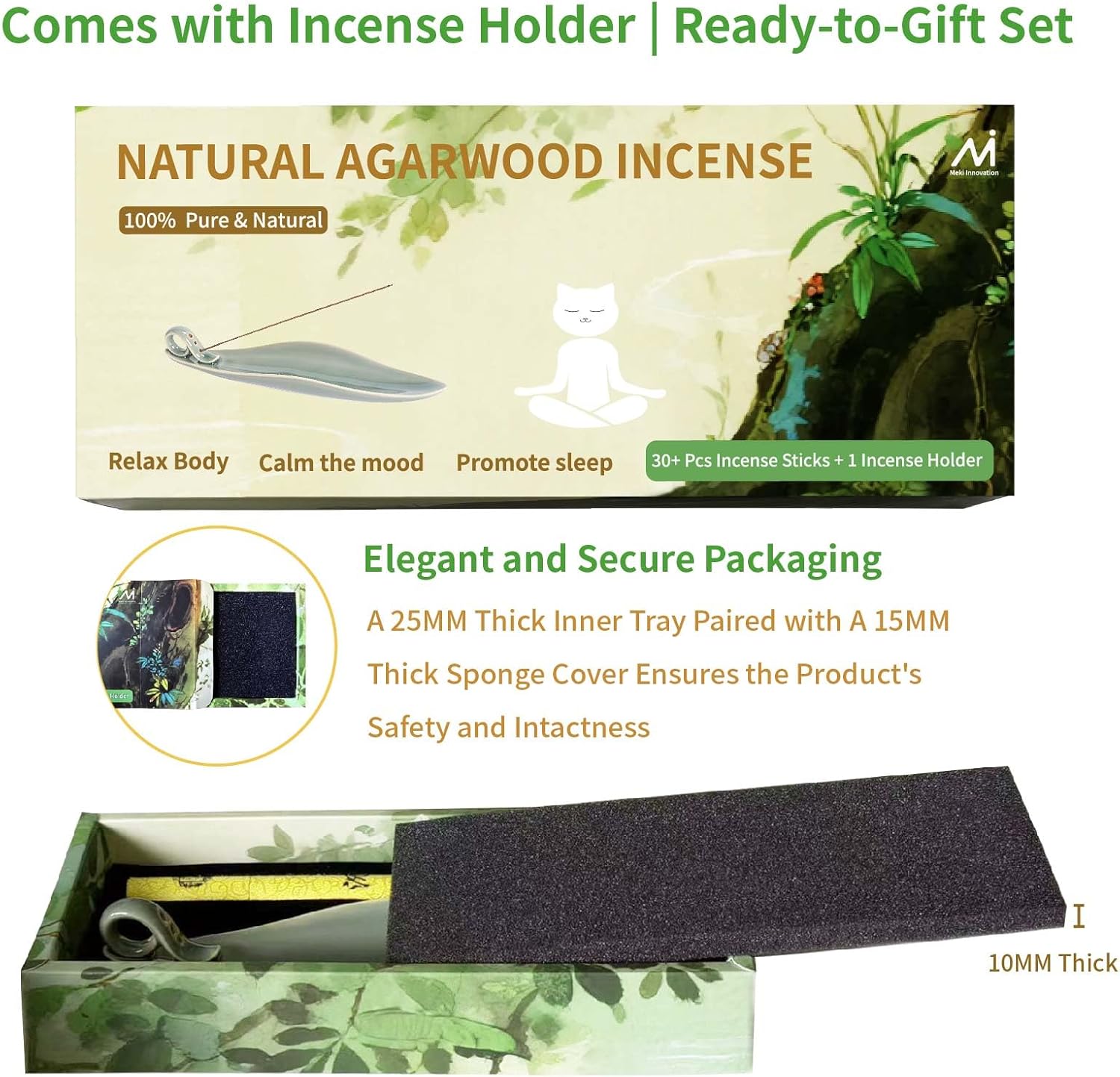 Natural Oud Agarwood Incense Stick Gift Set - Ceramic Incense Holder with Ash Catcher, Indoor Meditation Incense Burner Kit for Home Fragrance & Zen Relaxation