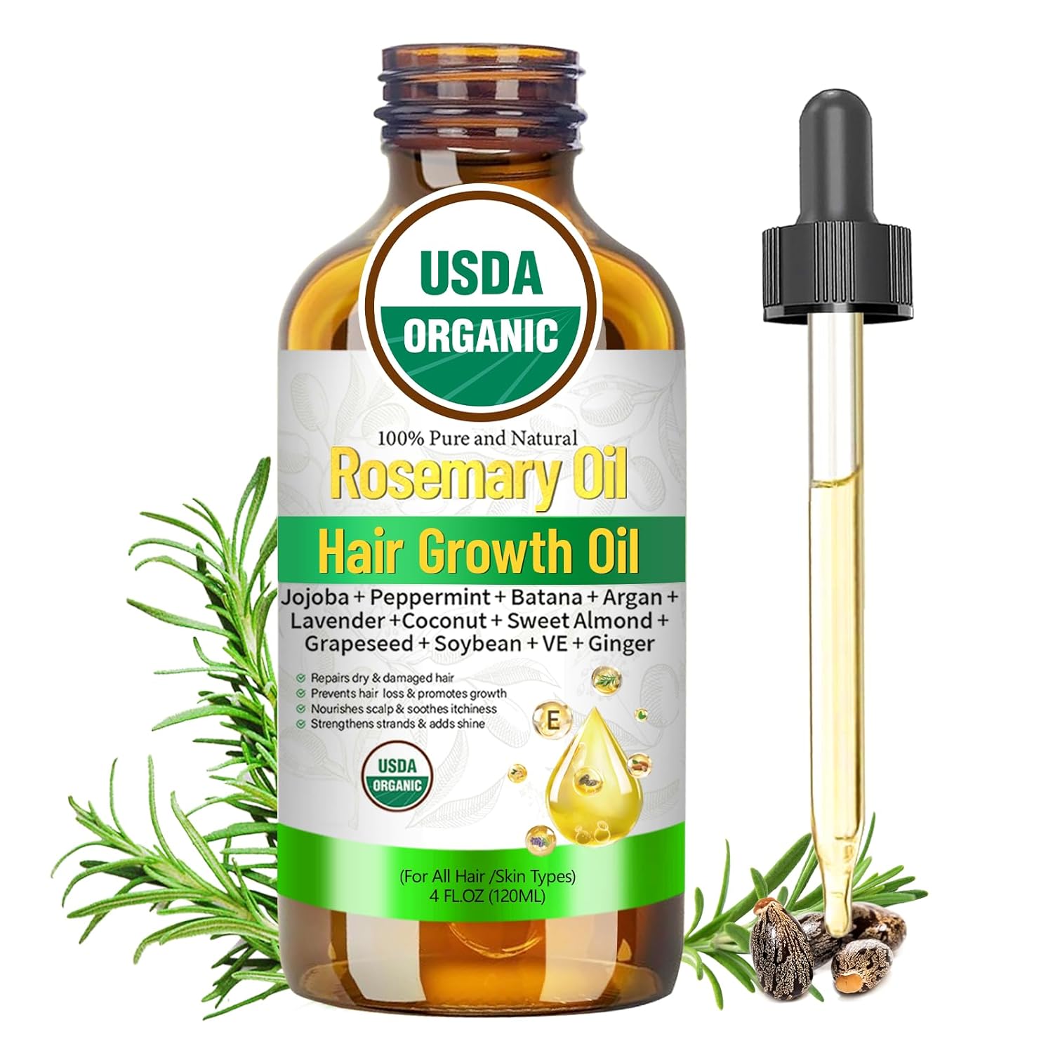 Rosemary Oil for Hair Growth, Organic Hair Oil For Hair Growth USDA Certified Cold Pressed with Castor, Peppermint for Thicker Eyebrows, Scalp Treatment & Repair Damaged Hair – 4 FL OZ