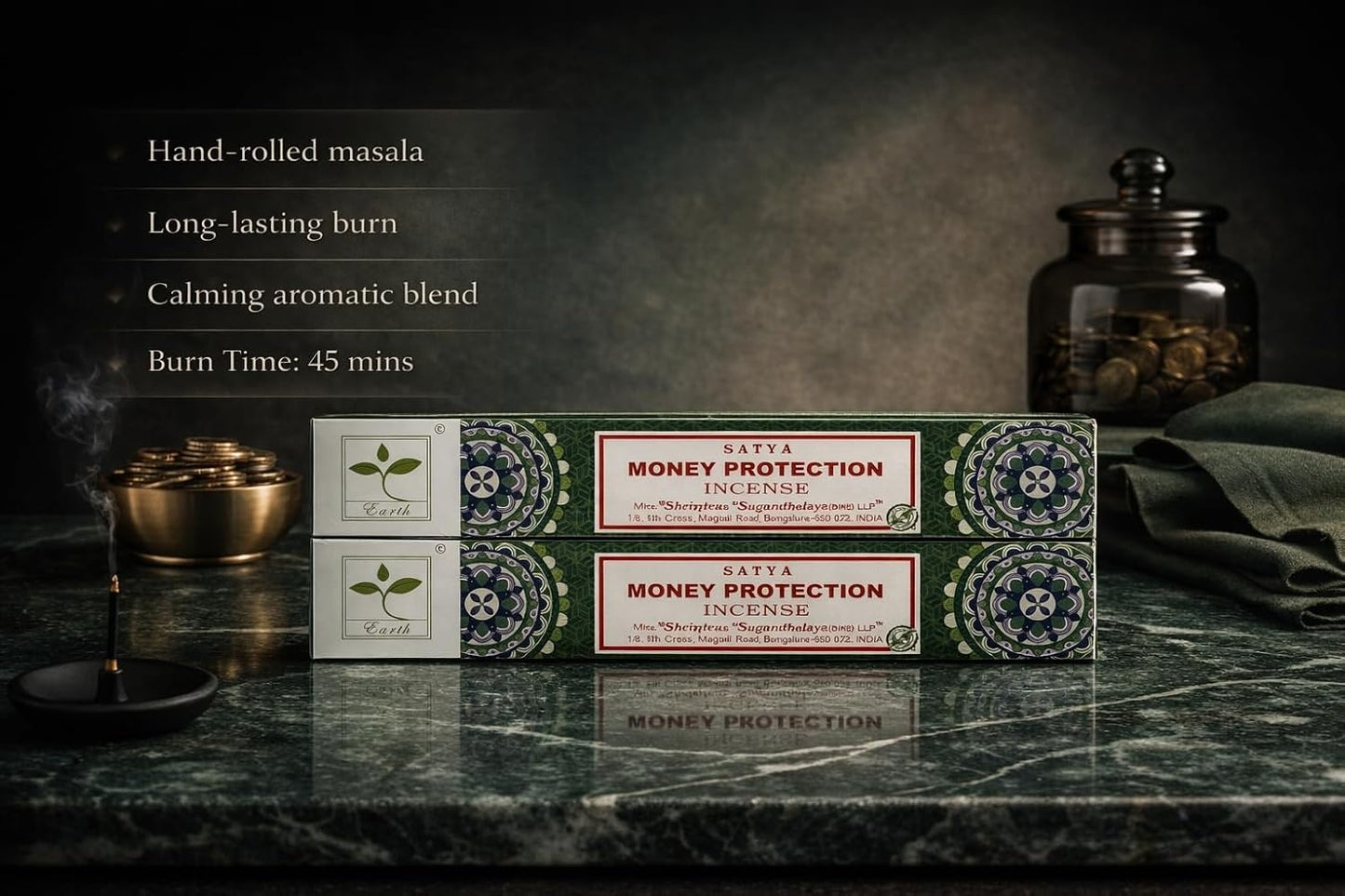 Earth Satya Money Protection Perfumed Incense Sticks 15g (Pack of 6) Hand Rolled Natural Incense for Meditation Relaxation and Home Fragrance
