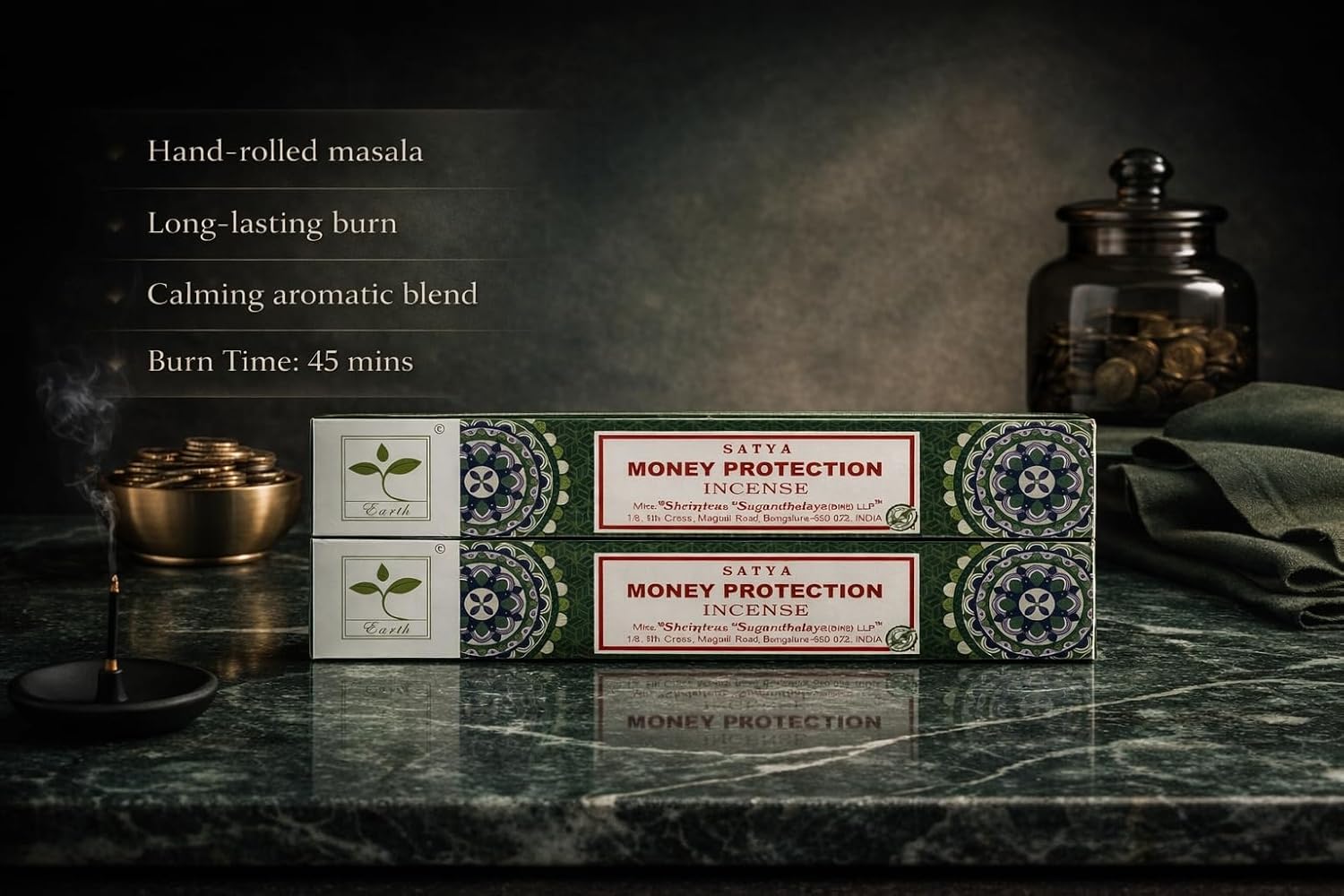 Earth Satya Money Protection Perfumed Incense Sticks 15g (Pack of 6) Hand Rolled Natural Incense for Meditation Relaxation and Home Fragrance