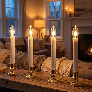 4 Pack Christmas Battery Operated Window Candles with Timer (6-18H), Wireless Window Candle Light with Gold Candlestick Base, C26 LED Bulb Candle Lamp for Home Party Valentines Decor, 4 Suction Cups