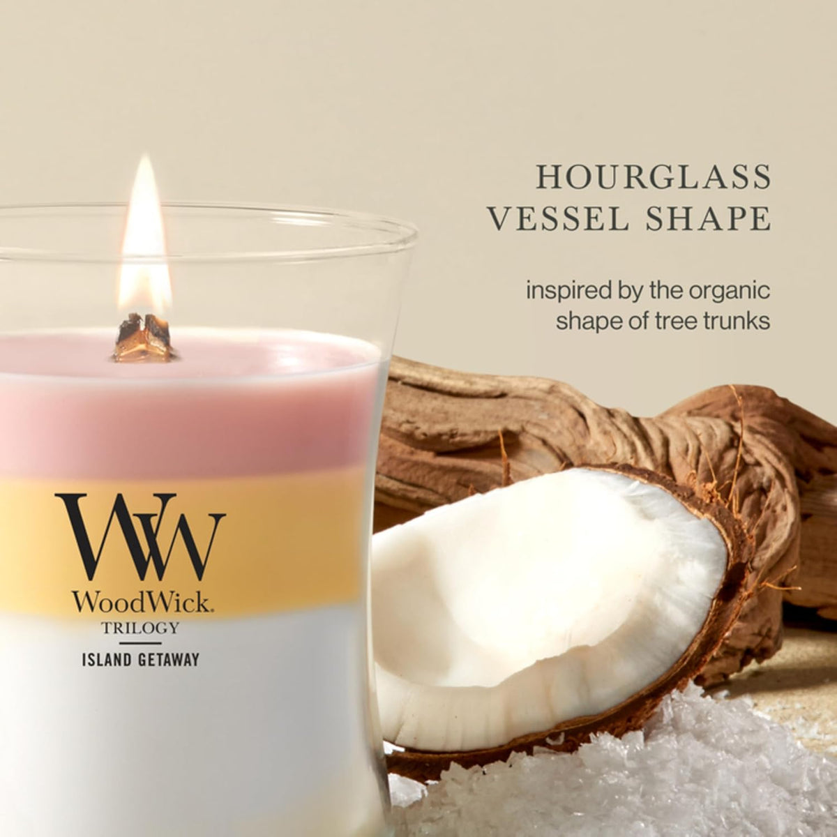 WoodWick Island Getaway Trilogy Tri-Scented Candle, Crackling Wick, 9.7oz
