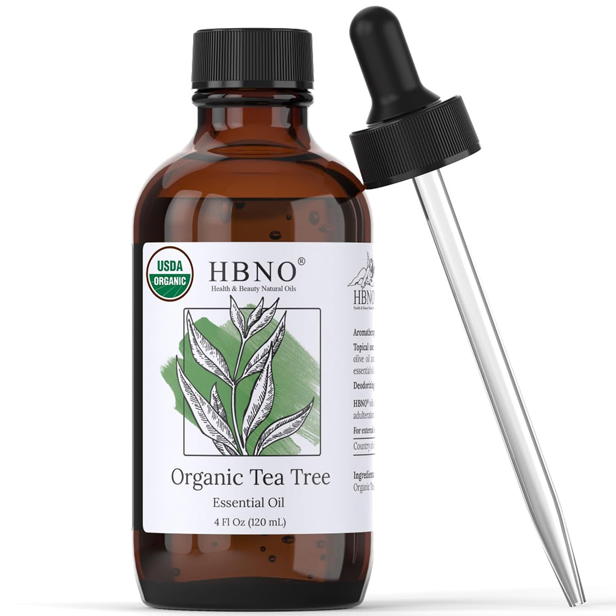 HBNO California Bottled Organic Tea Tree Oil for Skin & Hair - 4 fl oz (120ml) - USDA Certified Organic Tea Tree Oil for