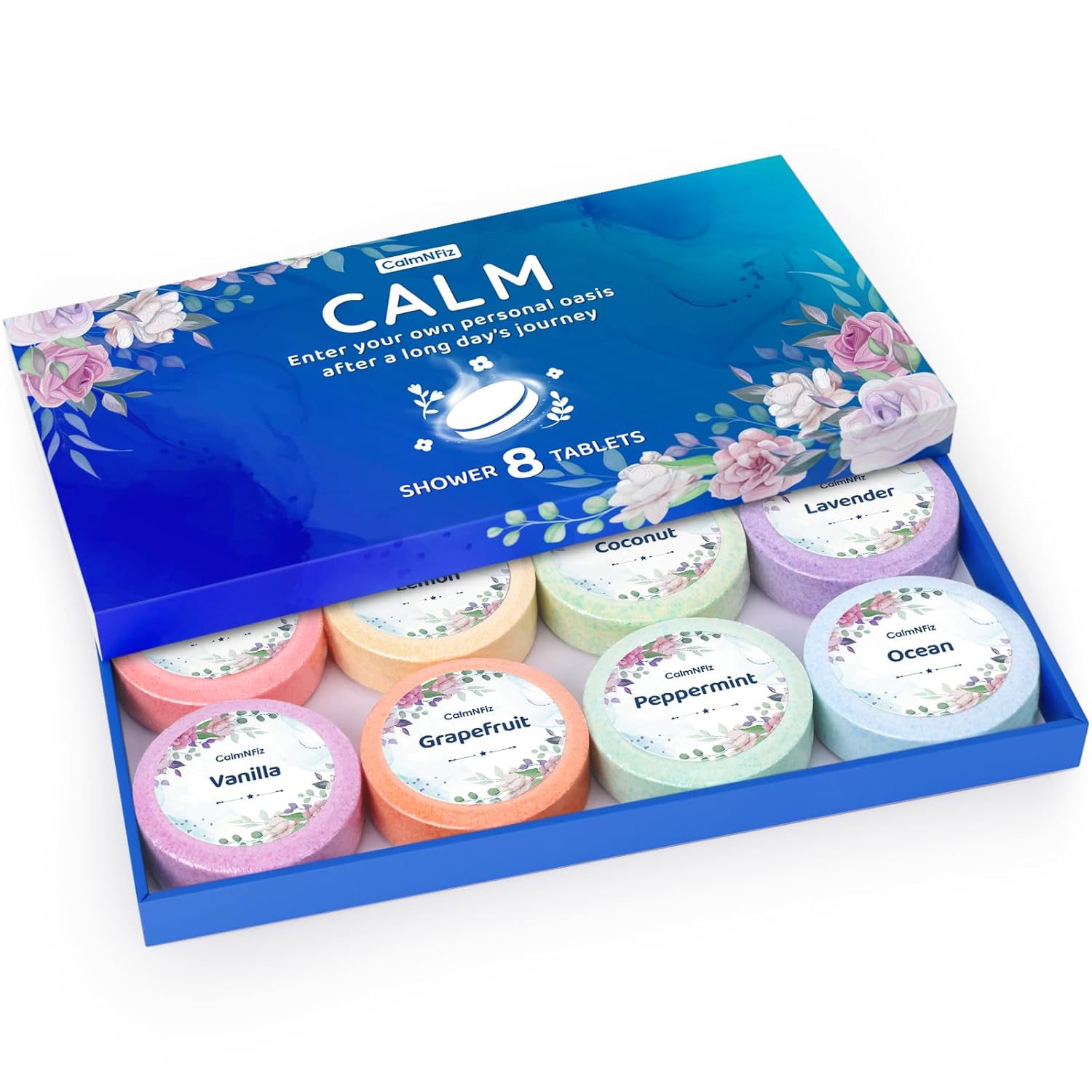 Shower Steamers 8 Pack Set Shower Bombs Tablets in Blue Box with 8 Fragrances with Shea Butter for Self-Care & Relaxation, Idea for Mothers Day Women and Men