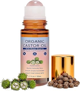 PAYDVOIER Organic Castor Oil with Rose Quartz Roller, 100% Pure Cold-Pressed, Organic Castor Oil Roll On Rose Quartz, Hexane-Free,Amber Glass Bottle for Skin 1.7 Oz.