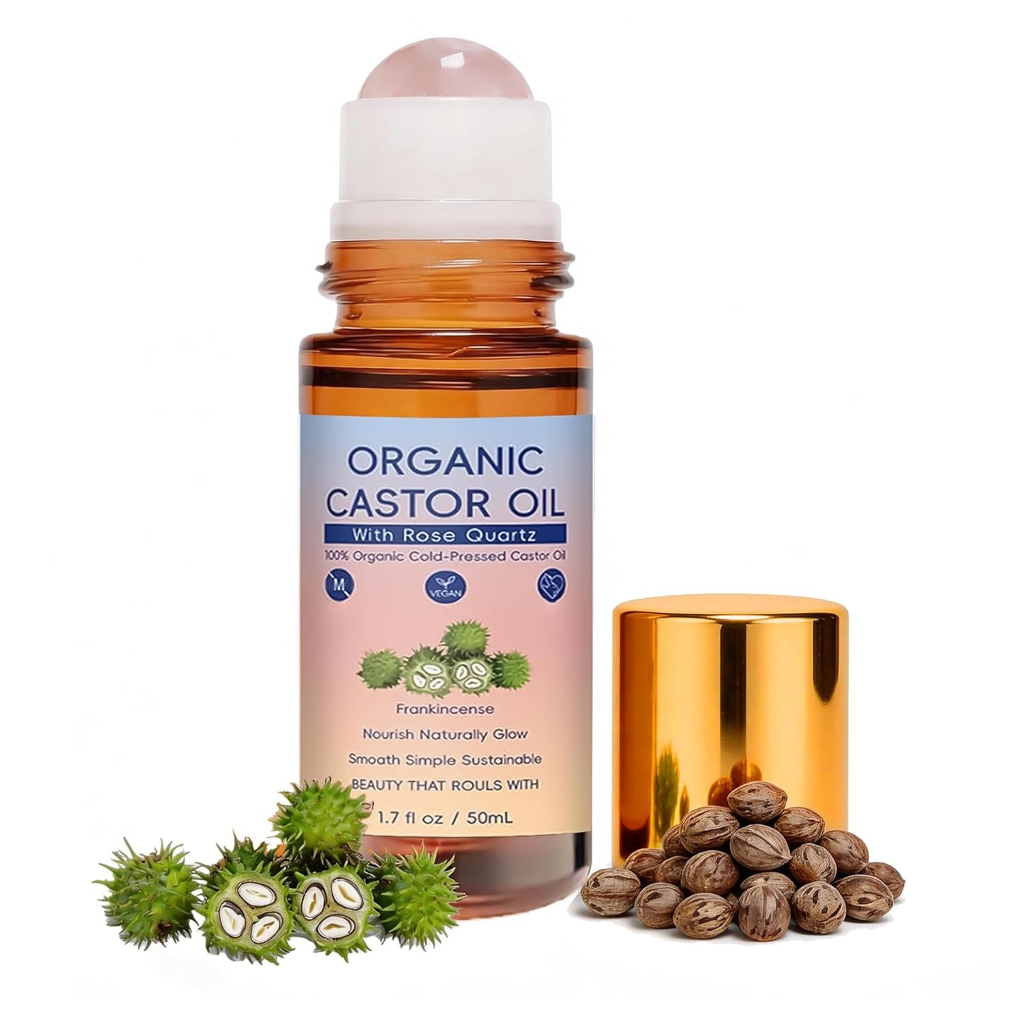 PAYDVOIER Organic Castor Oil with Rose Quartz Roller, 100% Pure Cold-Pressed, Organic Castor Oil Roll On Rose Quartz, Hexane-Free,Amber Glass Bottle for Skin 1.7 Oz.