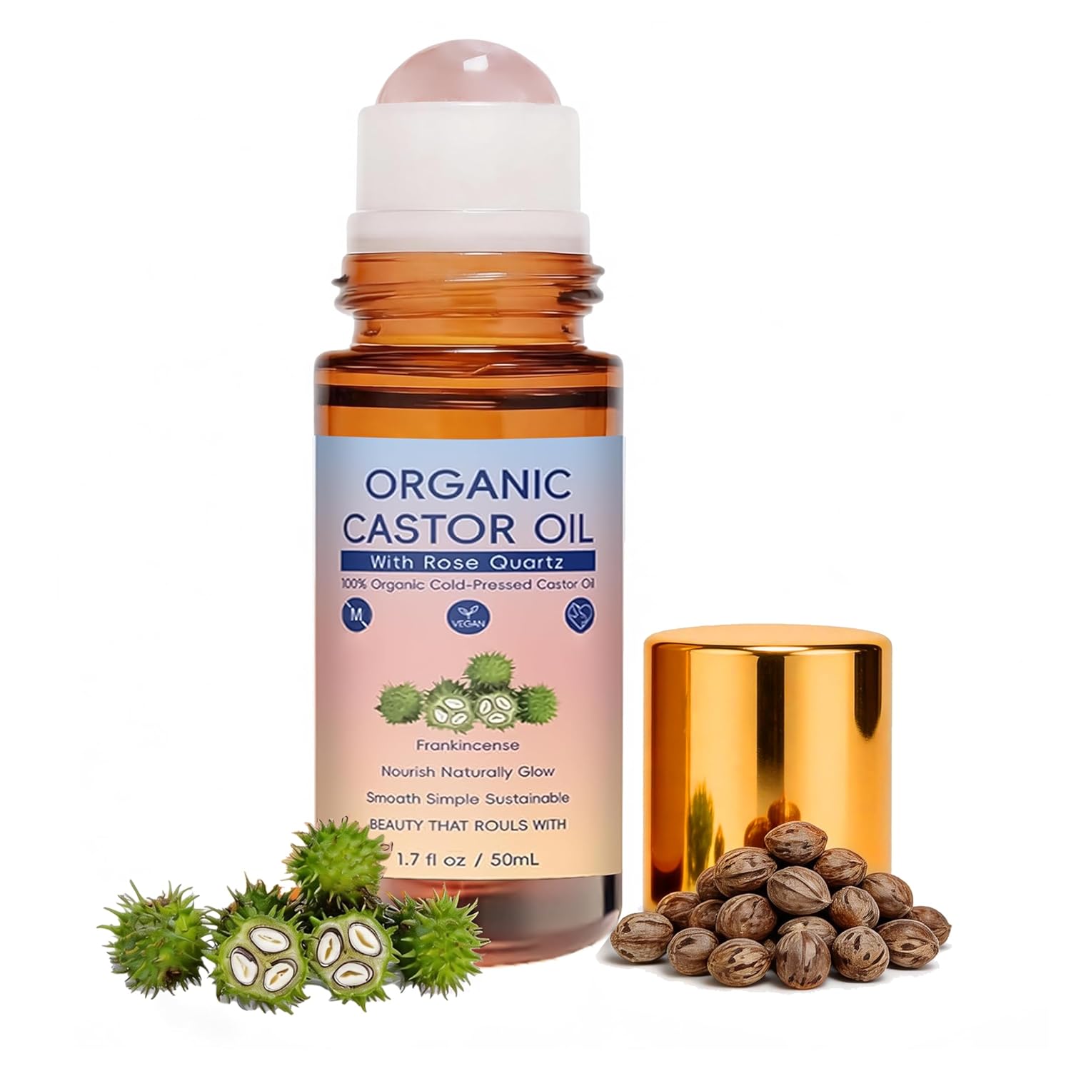 PAYDVOIER Organic Castor Oil with Rose Quartz Roller, 100% Pure Cold-Pressed, Organic Castor Oil Roll On Rose Quartz, Hexane-Free,Amber Glass Bottle for Skin 1.7 Oz.
