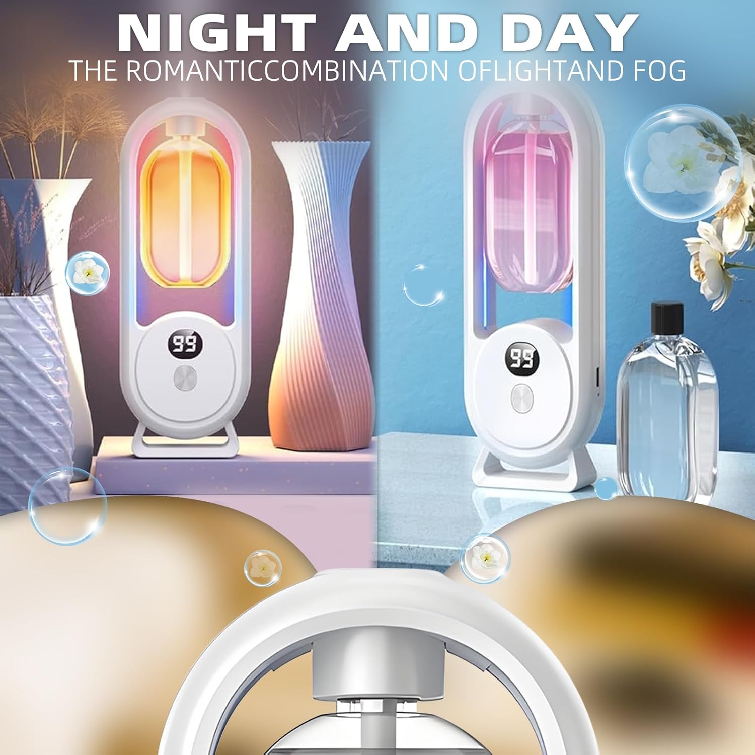 Aromatherapy Diffuser, Digital Display with LED Light and Battery Indicator, Rechargeable Automatic Spray Essential Oil Diffuser for Home Office Bedroom