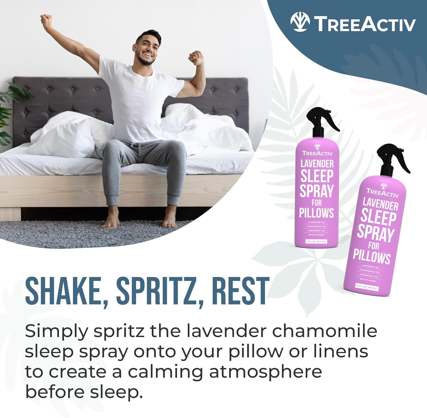 TreeActiv Sleep Spray Calming Lavender Chamomile, Soothing Witch Hazel & Lavender Pillow Spray Air Freshener for Room, Bed, Fabric, Pillows & Linen Mist for Sleeping & Relaxation, 4000+ Sprays, 16 Oz