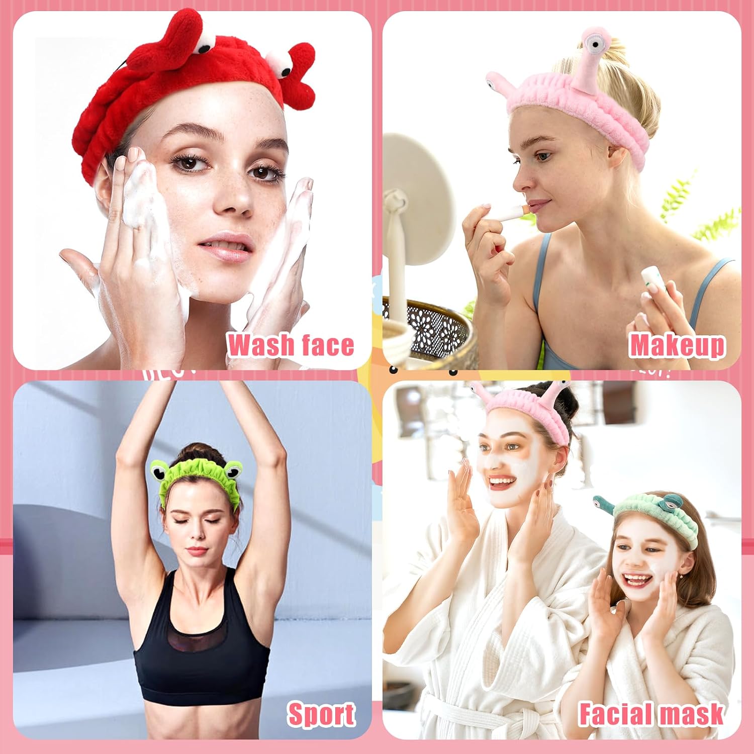 4 Pack Face Wash Headband Facial Makeup Skincare Headbands, Elastic Coral Fleece Spa Hairband for Washing Face, Cartoon Fun Frog Snail Crab Hair Accessories