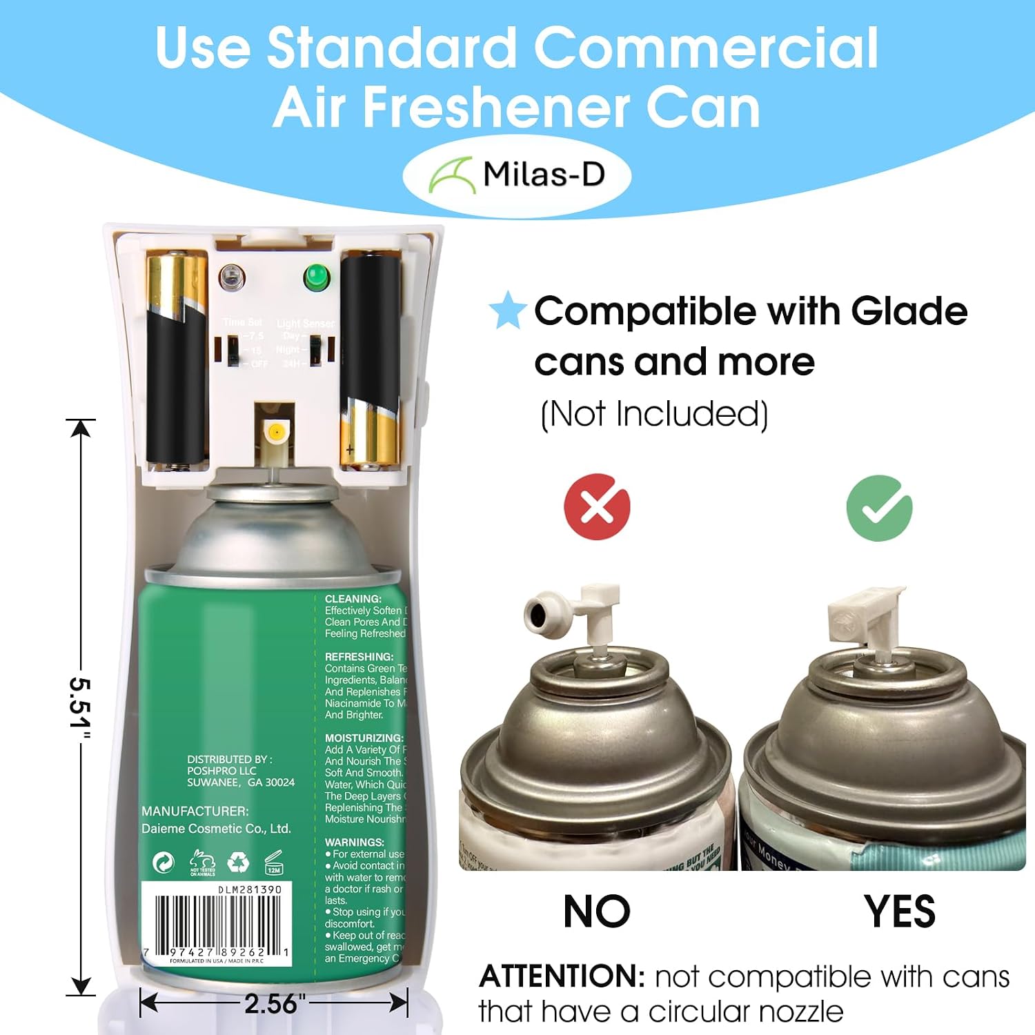 Automatic Air Freshener Spray Dispenser, Custom Timing (Day/Night/24H, 7.5/15 min interval), Wall Mounted or Free Standing, for Home and Commercial, Compatible with Glade Refill Can, White, Milas-D