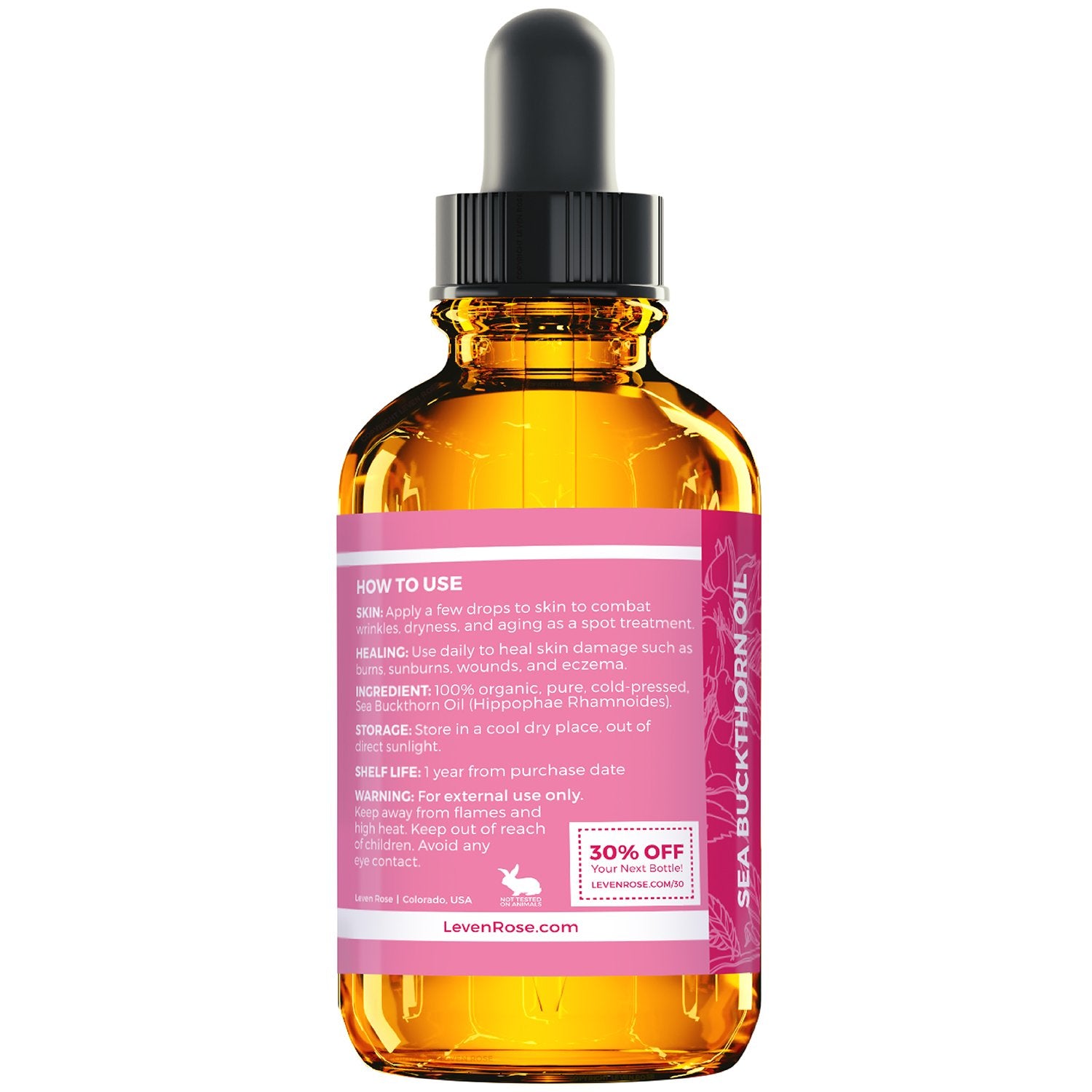 Leven Rose Sea Buckthorn Seed Oil 100% Pure Organic Unrefined Cold Pressed for Hair Skin and Nails - 1 oz