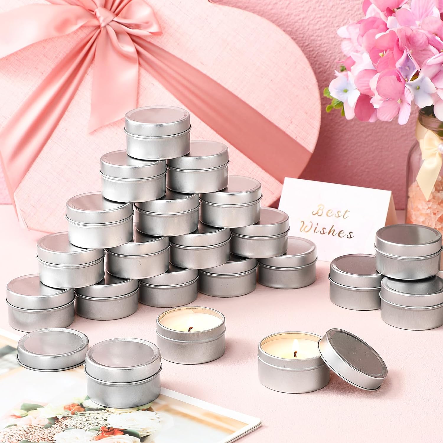 Conelist 24 Pcs Mini Candles Party Favors DIY Baby Shower Tealights Bulk Personalized Candle Tins with Lids Gifts for Guests Bridesmaid Wedding Birthday