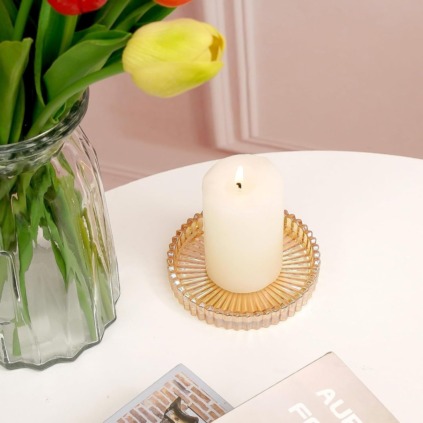 6 Pack 3.9 Inch Glass Pillar Candle Holder Plates, Round Gold Glass Plate Serrated Candle Stand, Candle Tray Plates for Wedding, Party, Dinning, Table Centerpiece and Home Decor