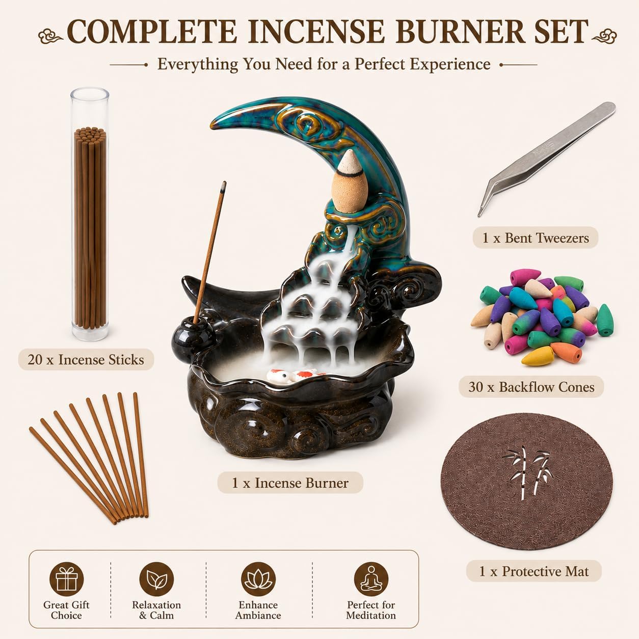 Ceramic Incense Holder Backflow Handcraft Moon Incense Burner with 30 Incense Cones 1 Tweezer 1 Mat 30 Incense Sticks for Home Decoration Ornament Aromatherapy and Meditation