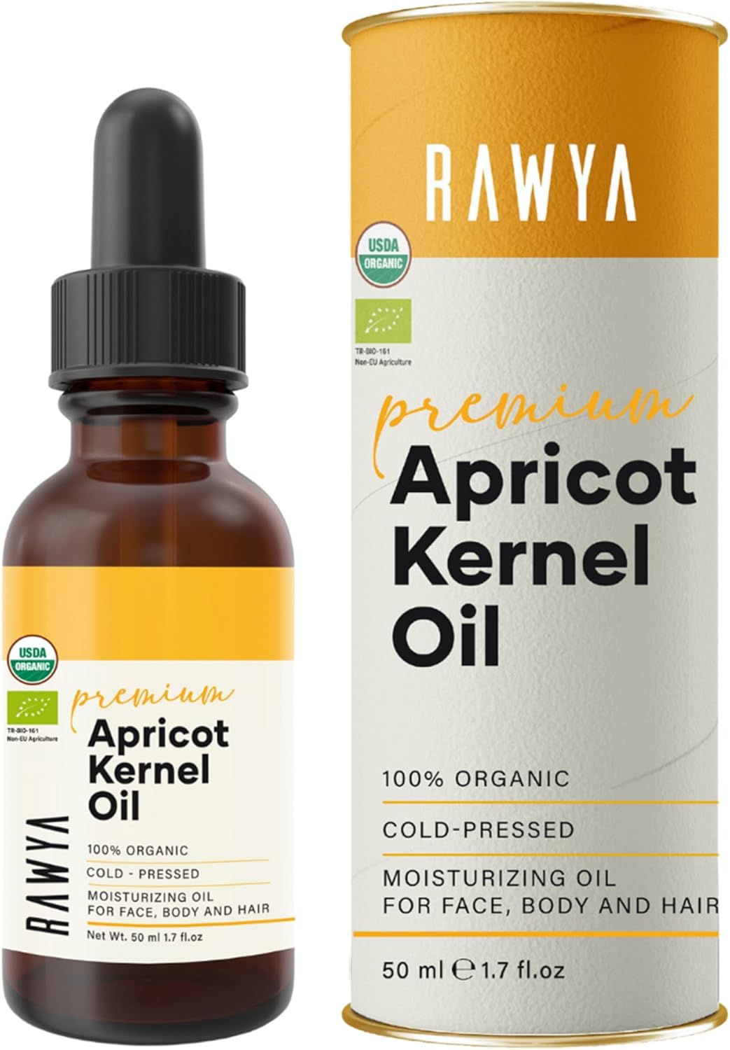 RAWYA Apricot Seed Oil - Cold-Pressed - USDA Organic, Unrefined - Premium Moisturizer Oil for Hair and Skin - Lightweight Texture - Rich in Vitamins A & E - All Skin Type - Glass Bottle - 1.7 Oz