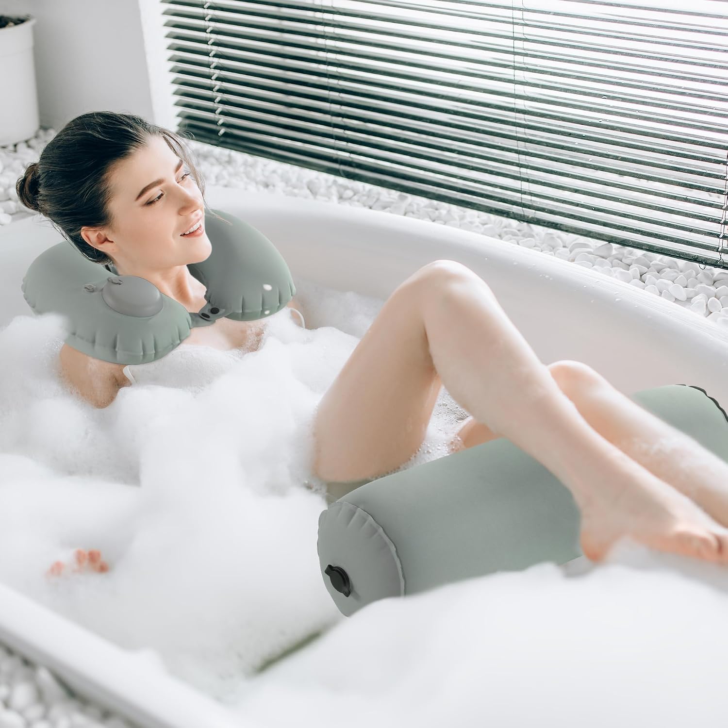 MABOZOO U-Shaped Full Body Bath Pillow for Tub 2 Pcs Inflatable Bathtub Bath Pillows with Adjustable Button for Shower, Neck Support Headrest & Leg Pillow for Relaxation Spa Soak in Bathtub