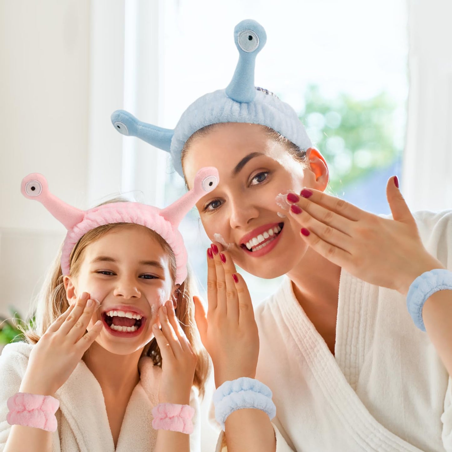 SuPoo 9 Pcs Skincare Headbands Snail Spa Headband and Wristband Set Alien Pink Face Wash Wristbands Cute Makeup Hair Band for Washing Face Wrap Head Towel Wrist Towels for Shower