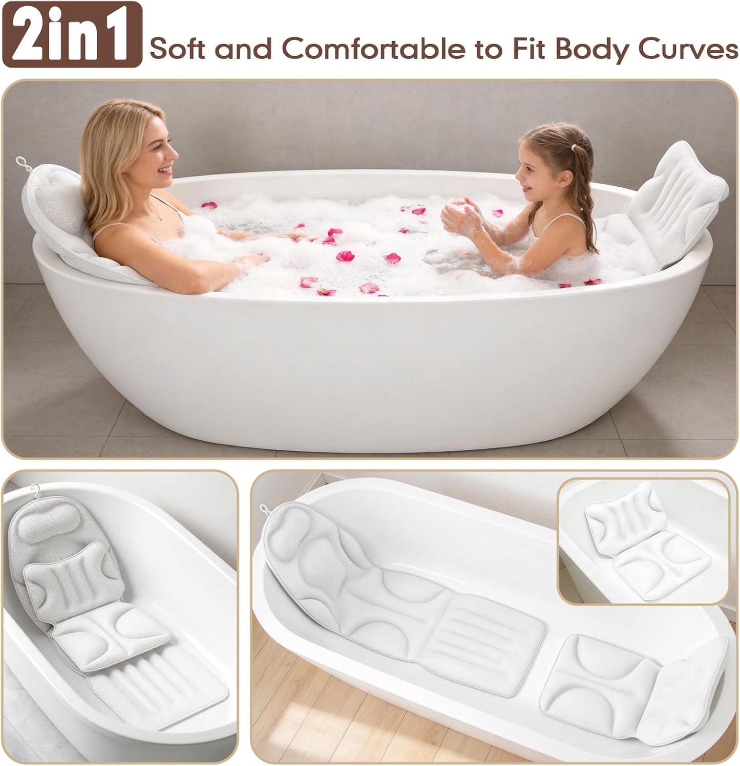 Deluxe Full Body Bath Pillow, Breathable Mesh Bathtub Cushion, Thickened Soft Relaxation Bathtub Pillow, Provides Support for The Neck, Back, and Shoulders— (Includes Bath Bombs)