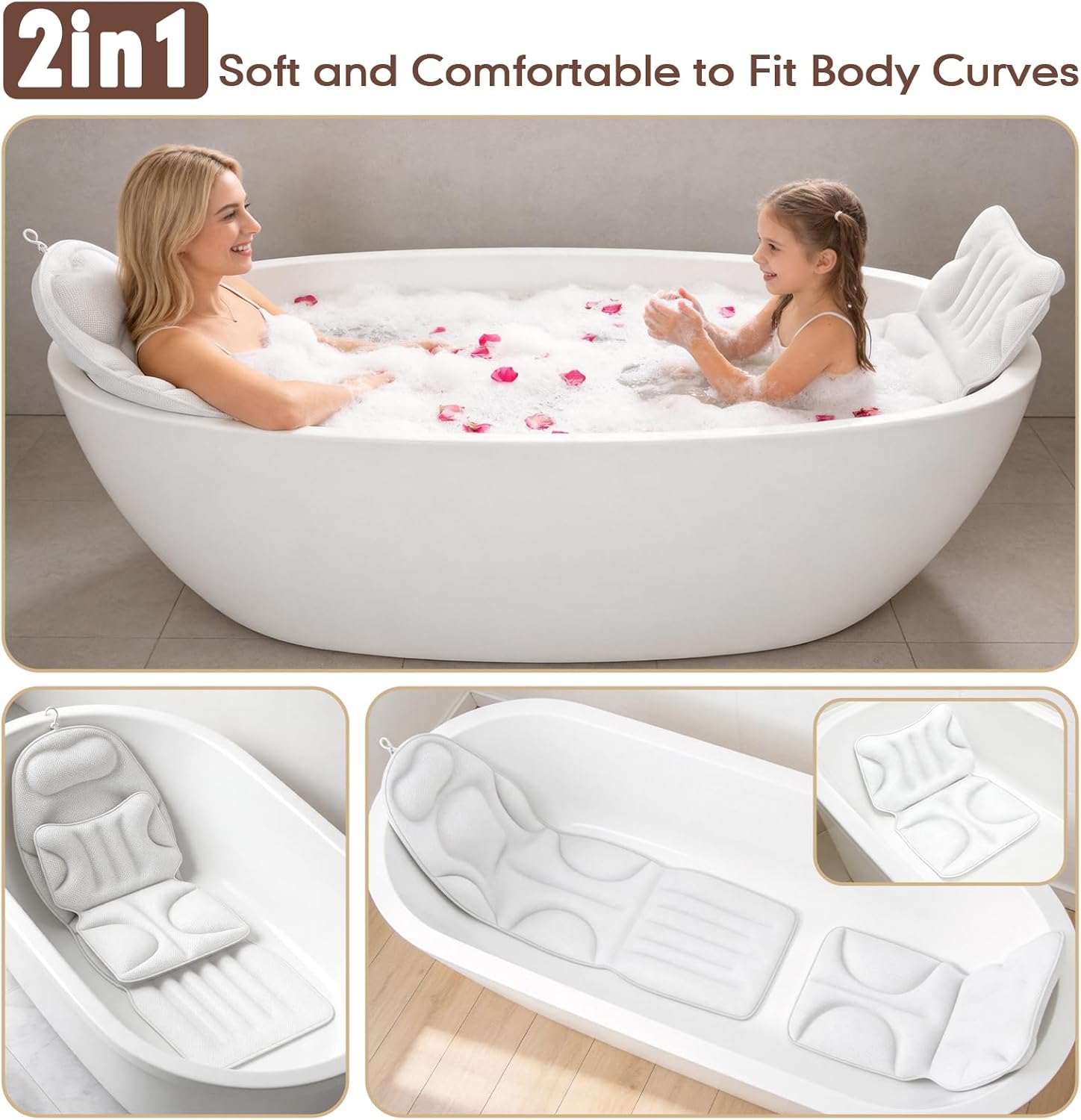 Deluxe Full Body Bath Pillow, Breathable Mesh Bathtub Cushion, Thickened Soft Relaxation Bathtub Pillow, Provides Support for The Neck, Back, and Shoulders— (Includes Bath Bombs)