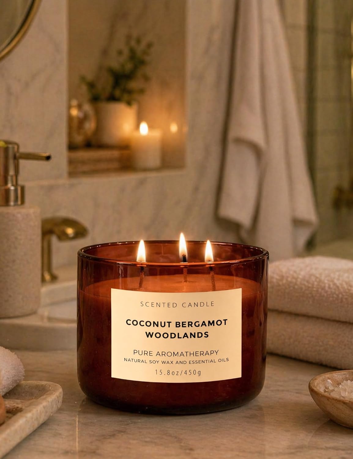 Coconut Bergamot Woodlands 3-Wick Soy Candle | 15.8 oz Large Scented Candle for Home | Clean Burn Long Lasting | Coconut Citrus Floral Scent | Gift Ready